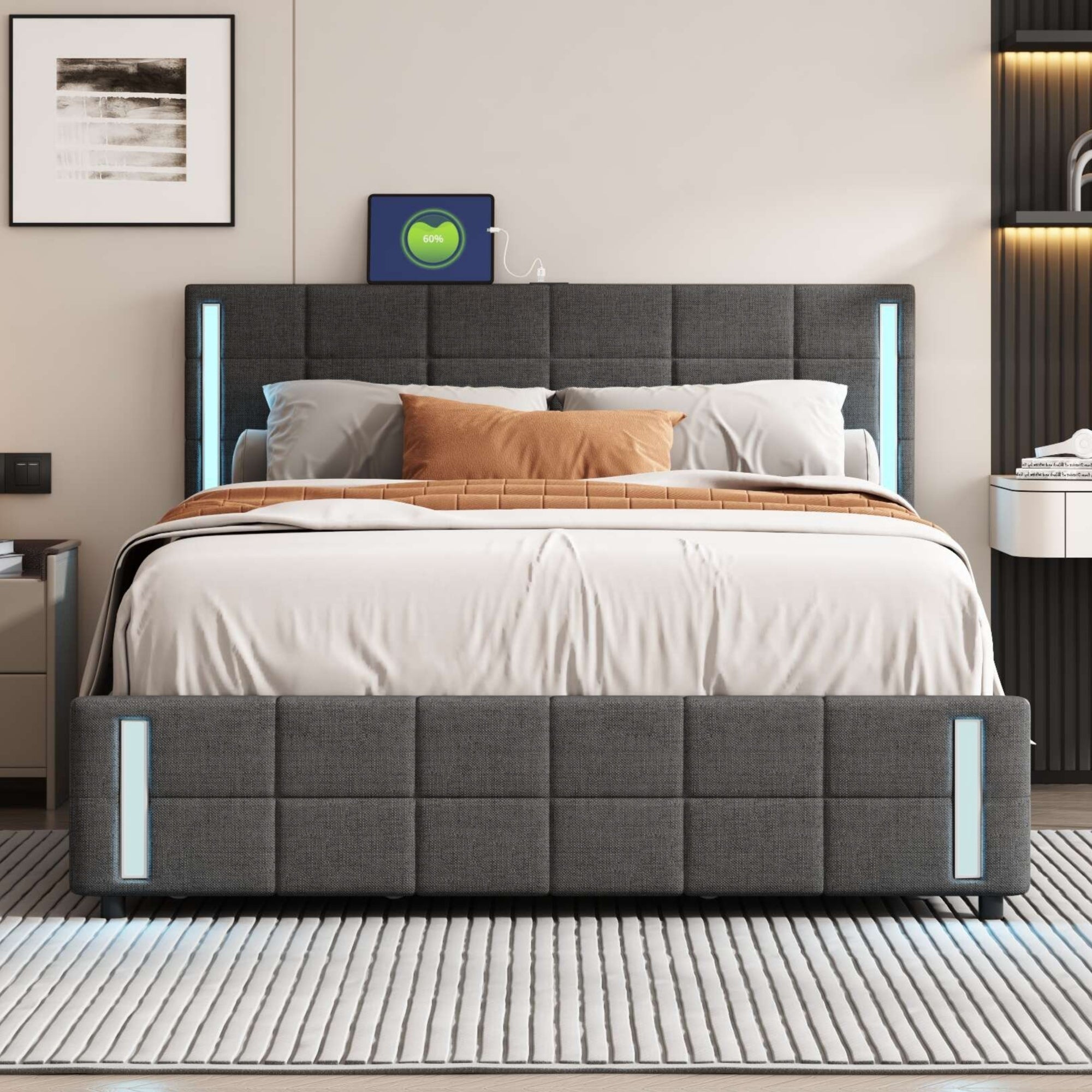 Queen Size Upholstered Platform Bed with LED Lights and USB Charging, Storage Bed with 4 Drawers, Dark Gray