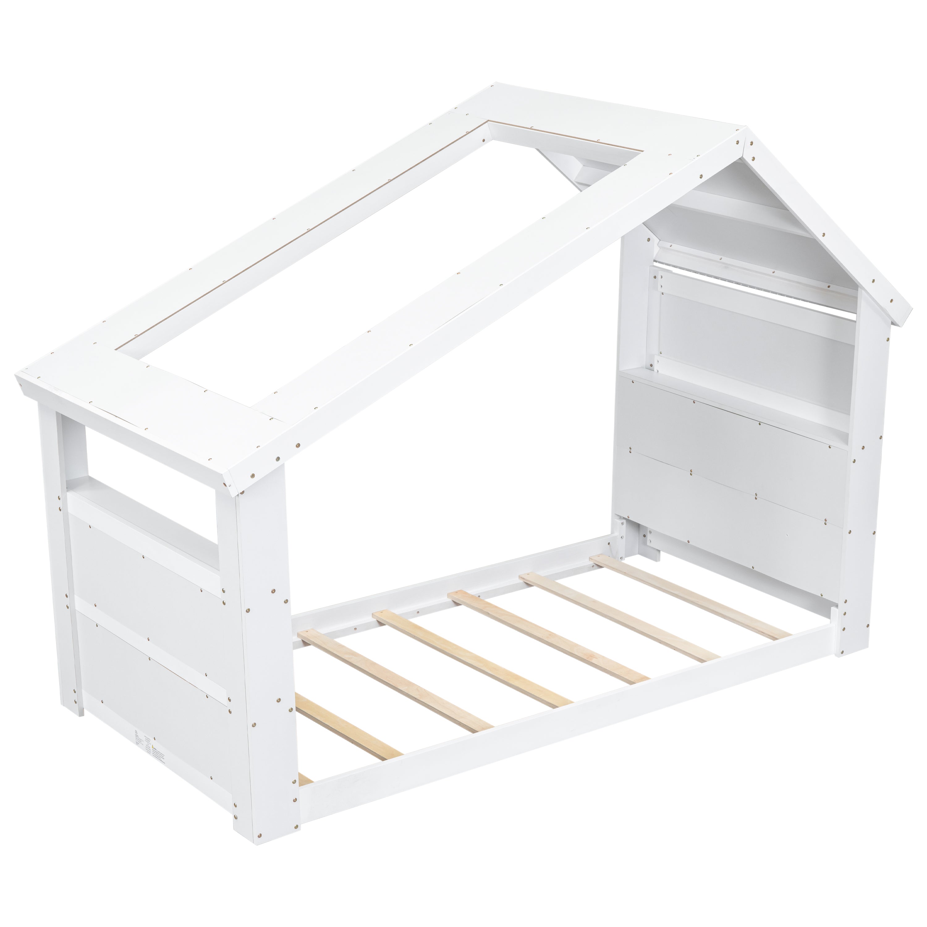 Twin House Floor Bed with Roof Window, LED Light,White