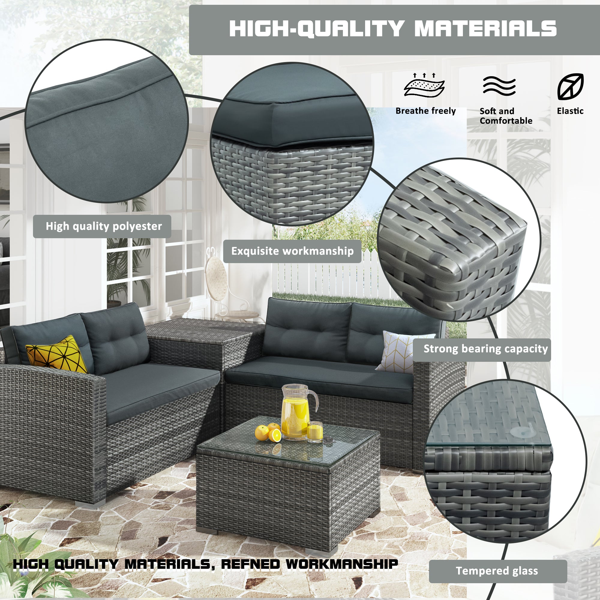 U_STYLE Outdoor Furniture Sofa Set with Large Storage Box