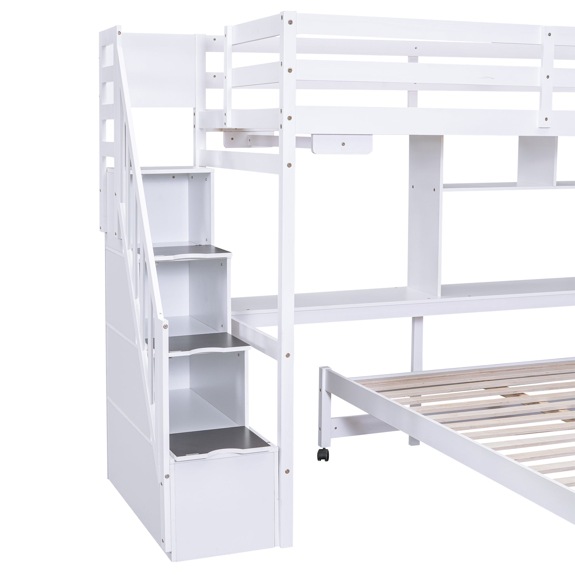 Twin over Full Bunk Bed with Storage Staircase, Desk, Shelves and Hanger for Clothes, White