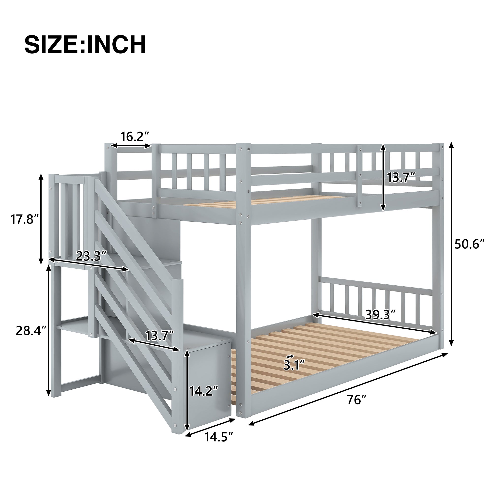 Twin over Twin Floor Bunk Bed, Ladder with Storage, Gray