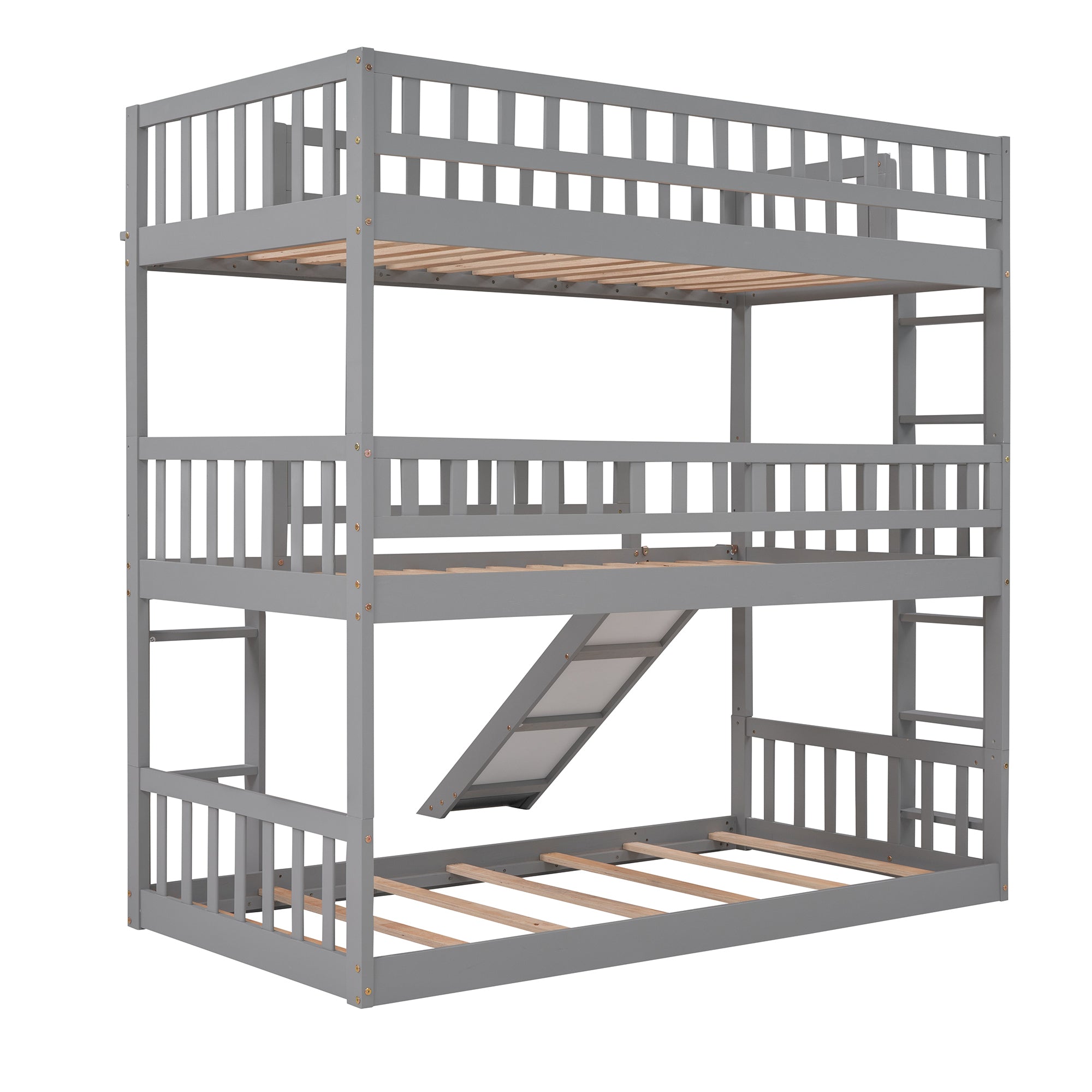 Twin-Over-Twin-Over-Twin Triple Bed with Built-in Ladder and Slide, Triple Bunk Bed with Guardrails, Gray(OLD SKU: LP000051AAE)