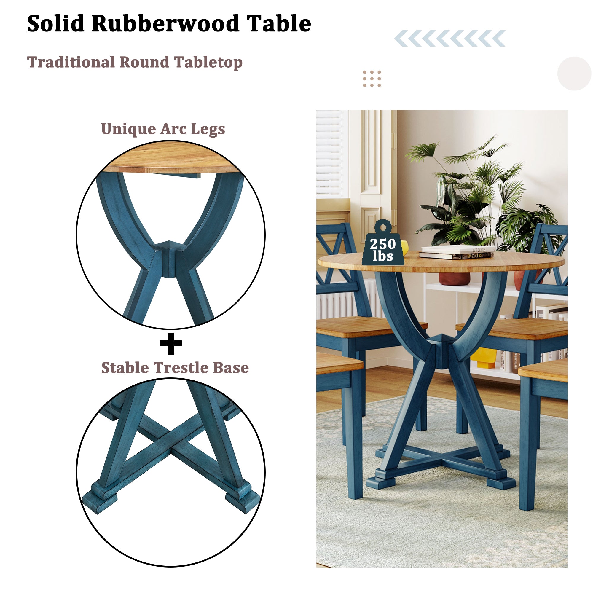 TOPMAX Mid-Century 5-Piece Round Dining Table Set with Trestle Legs and 4 Cross Back Dining Chairs, Antique Oak+Antique Blue