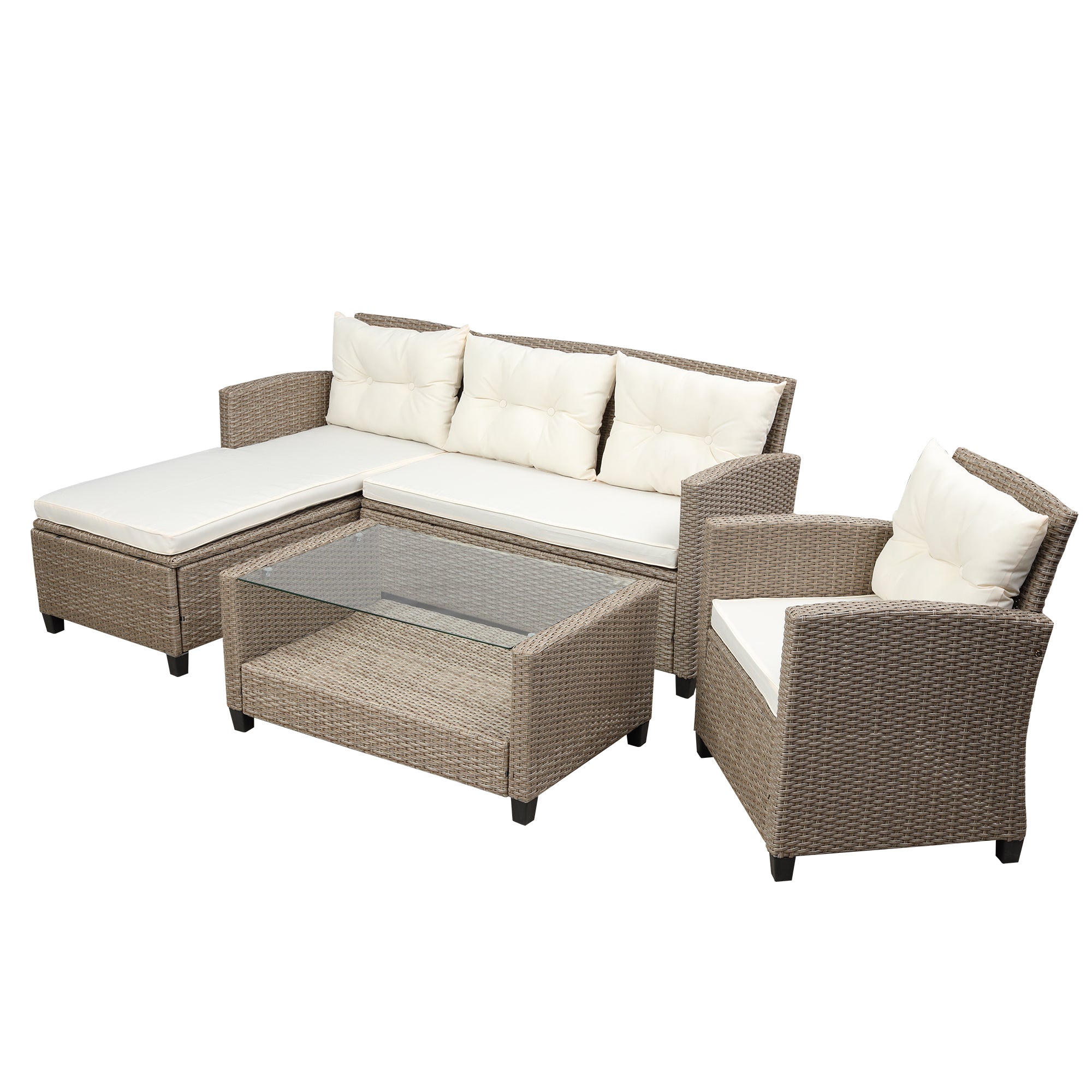 U_STYLE Outdoor, Patio Furniture Sets, 4 Piece Conversation Set Wicker Ratten Sectional Sofa with Seat Cushions(Beige Brown)