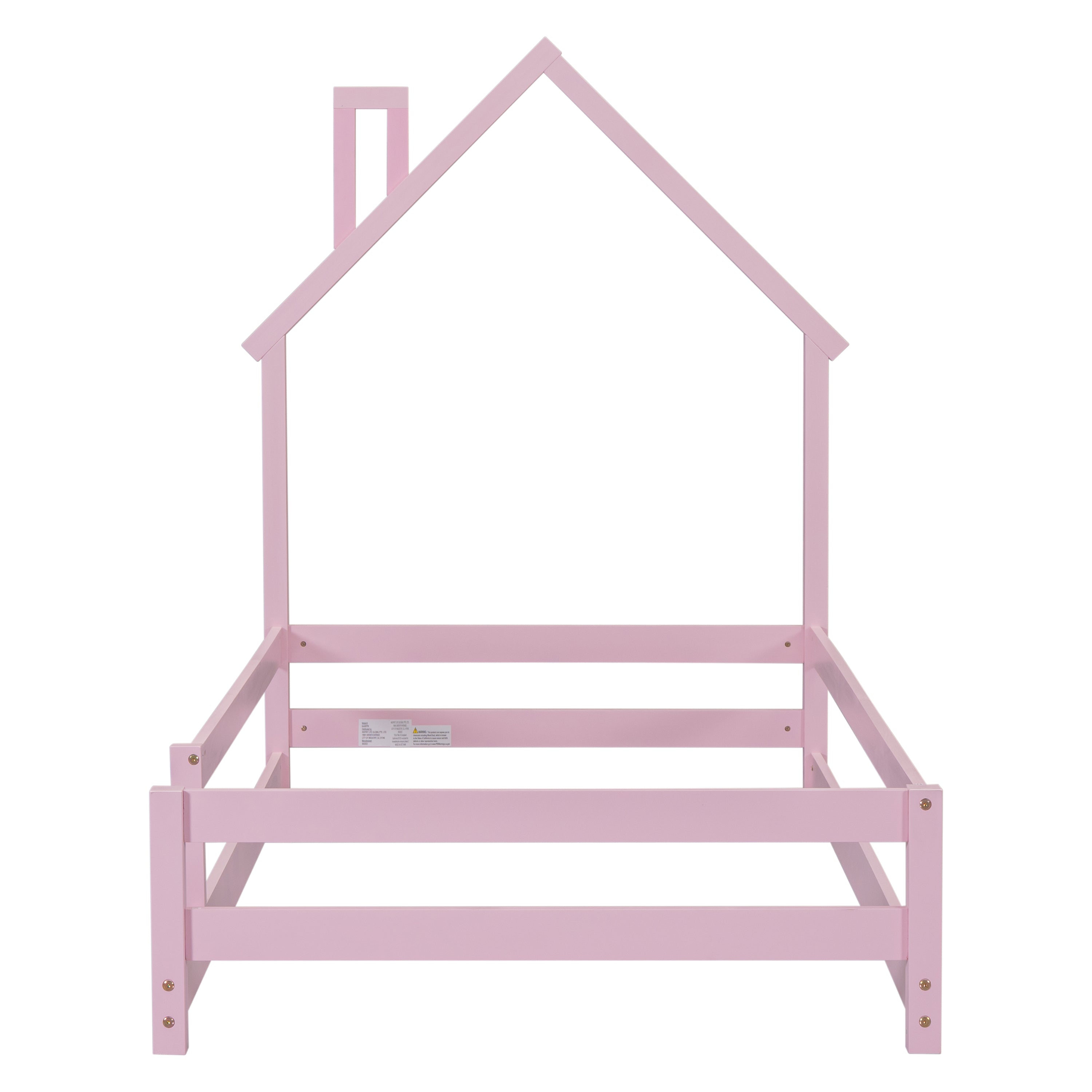 Twin Size Wood bed with House-shaped Headboard Floor bed with Fences,Pink