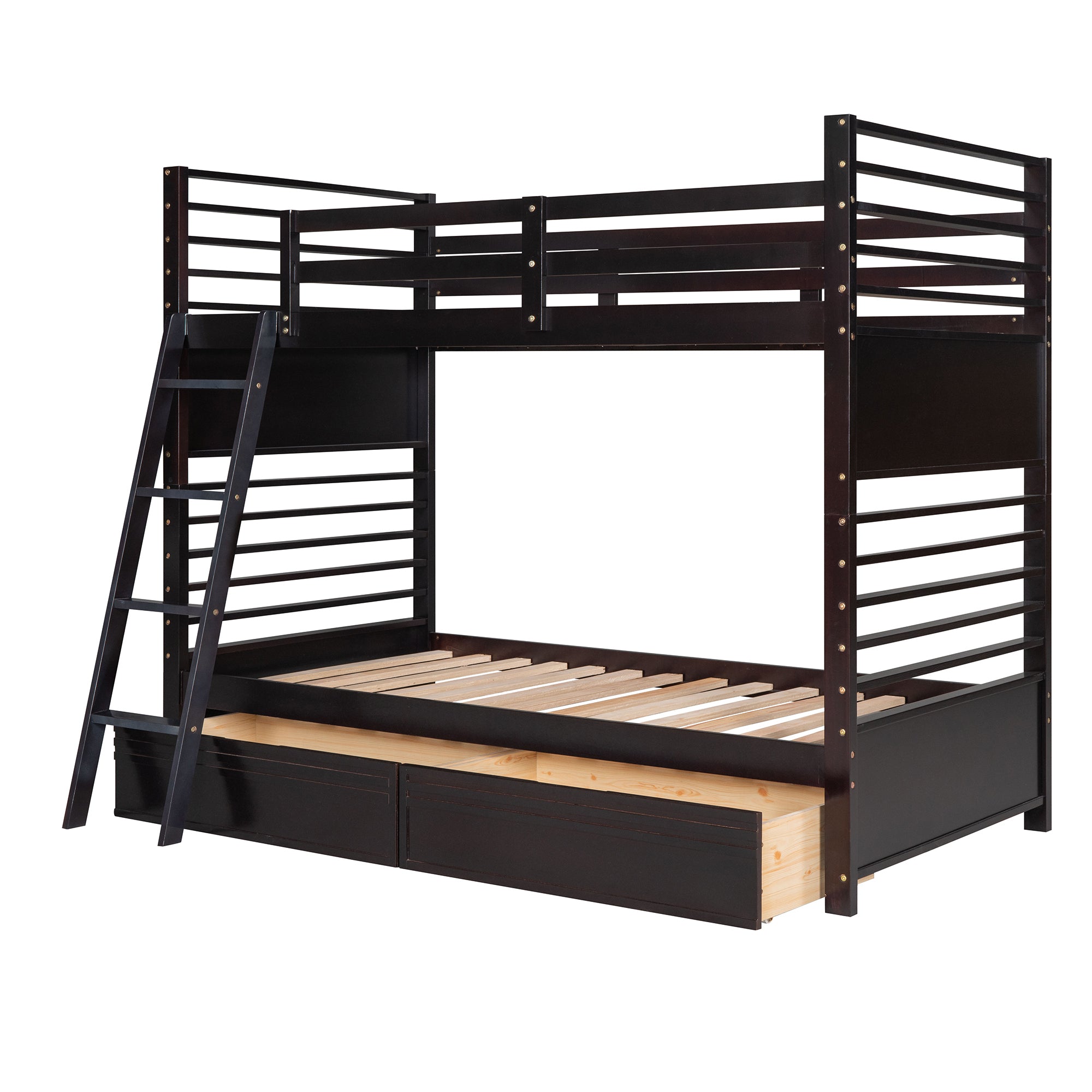 Twin over Twin Wood Bunk Bed with Two Drawers - Espresso·