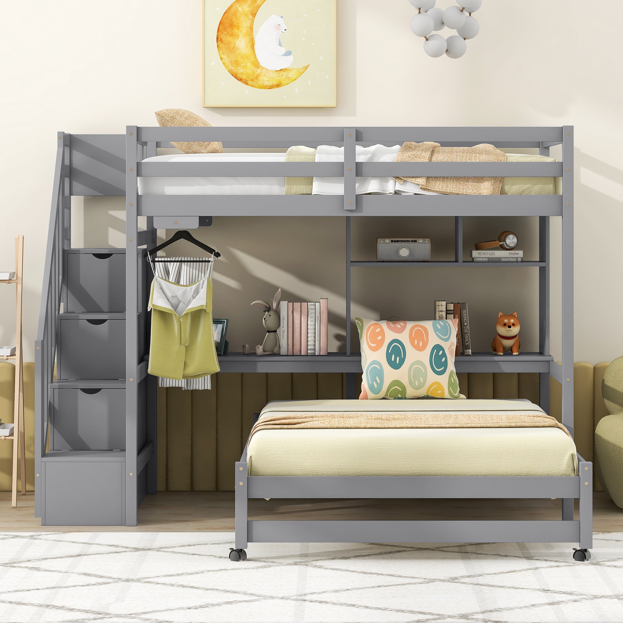 Twin over Full Bunk Bed with Storage Staircase, Desk, Shelves and Hanger for Clothes, Gray