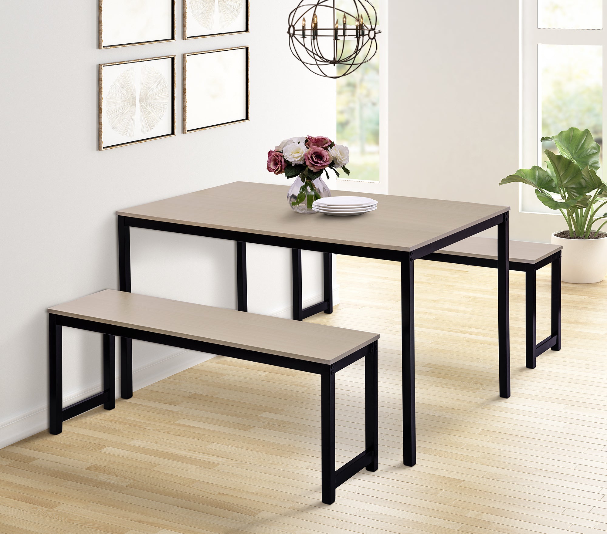 U_STYLE 3 Piece Dining set with Two benches, Modern Dining Room Furniture