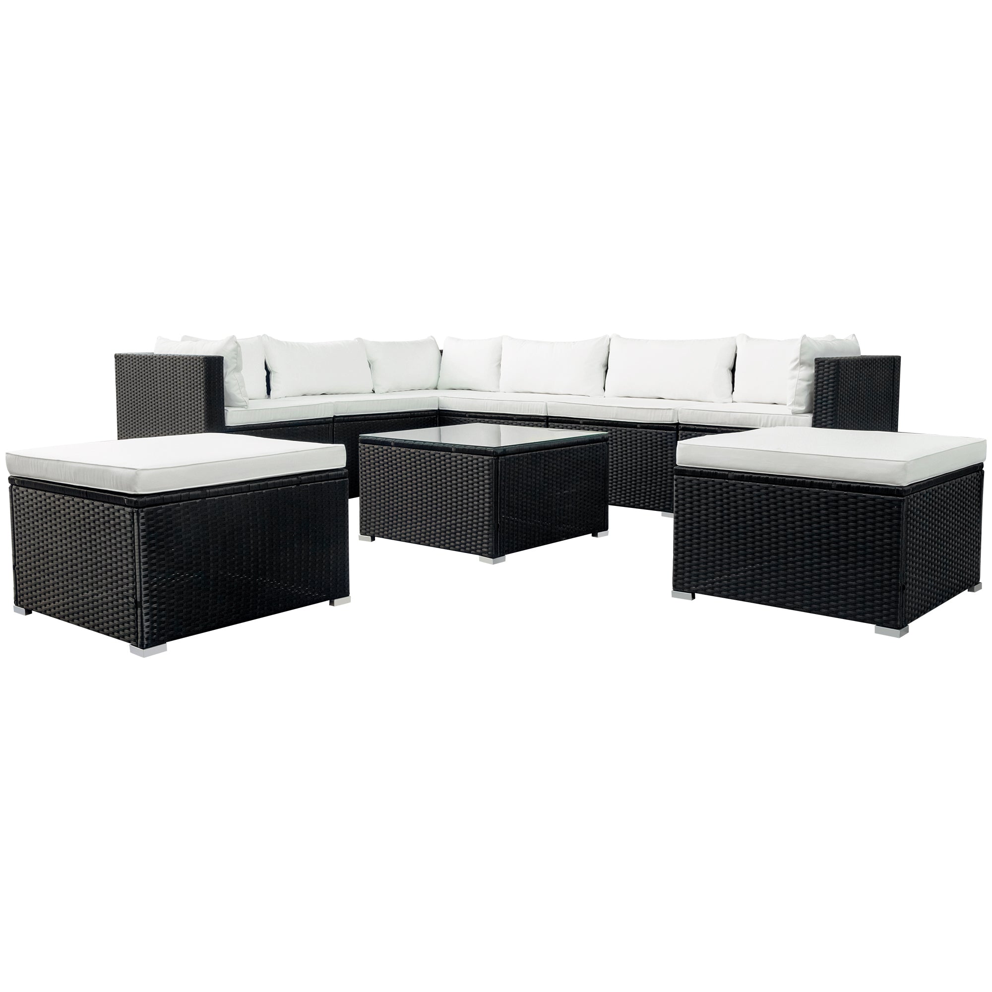 GO 9-piece Outdoor Patio PE Wicker Rattan conversation Sectional Sofa sets with 3 sofa, 3 corner sofa, 2 ottomans, and 1 glass coffee table, removable soft cushions (Black wicker, Beige cushion)