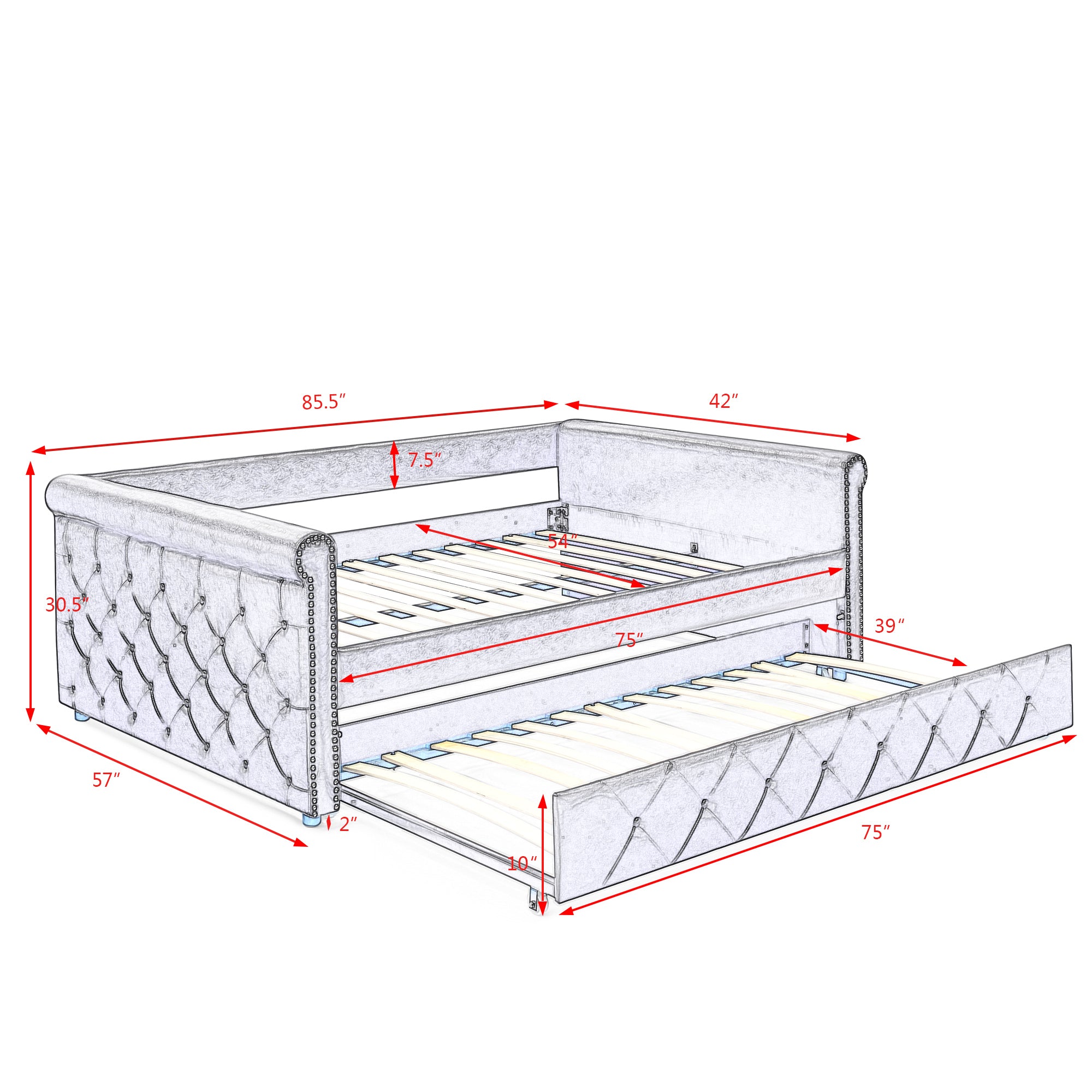 Daybed with Trundle Upholstered Tufted Sofa Bed, with Button and Copper Nail on Arms，Full Daybed & Twin Trundle, Grey（85.5“x57”x30.5“）
