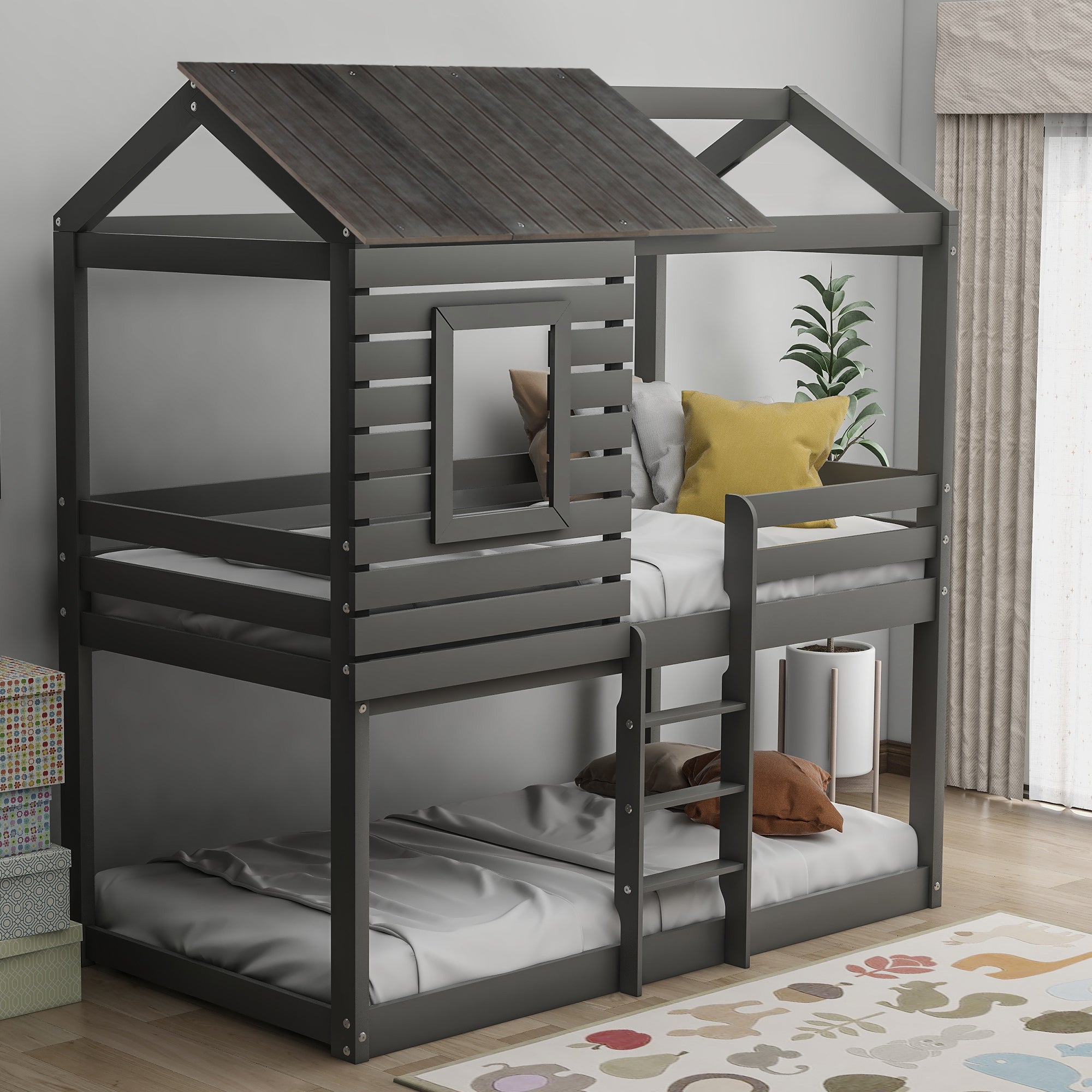 Twin Over Twin Bunk Bed Wood Loft Bed with Roof, Window, Guardrail, Ladder (Gray)(OLD SKU: LP000088AAN)