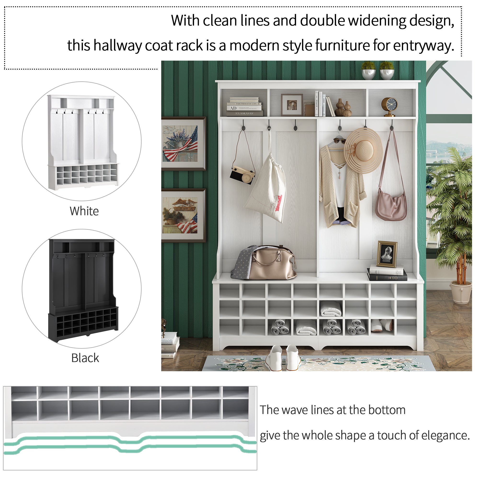 ON-TREND Modern Style Multiple Functions Hallway Coat Rack with Metal Black Hooks, Entryway Bench 60" Wide Hall Tree with Ample Storage Space and 24 Shoe Cubbies , White ( OLD SKU: WF286983AAK )