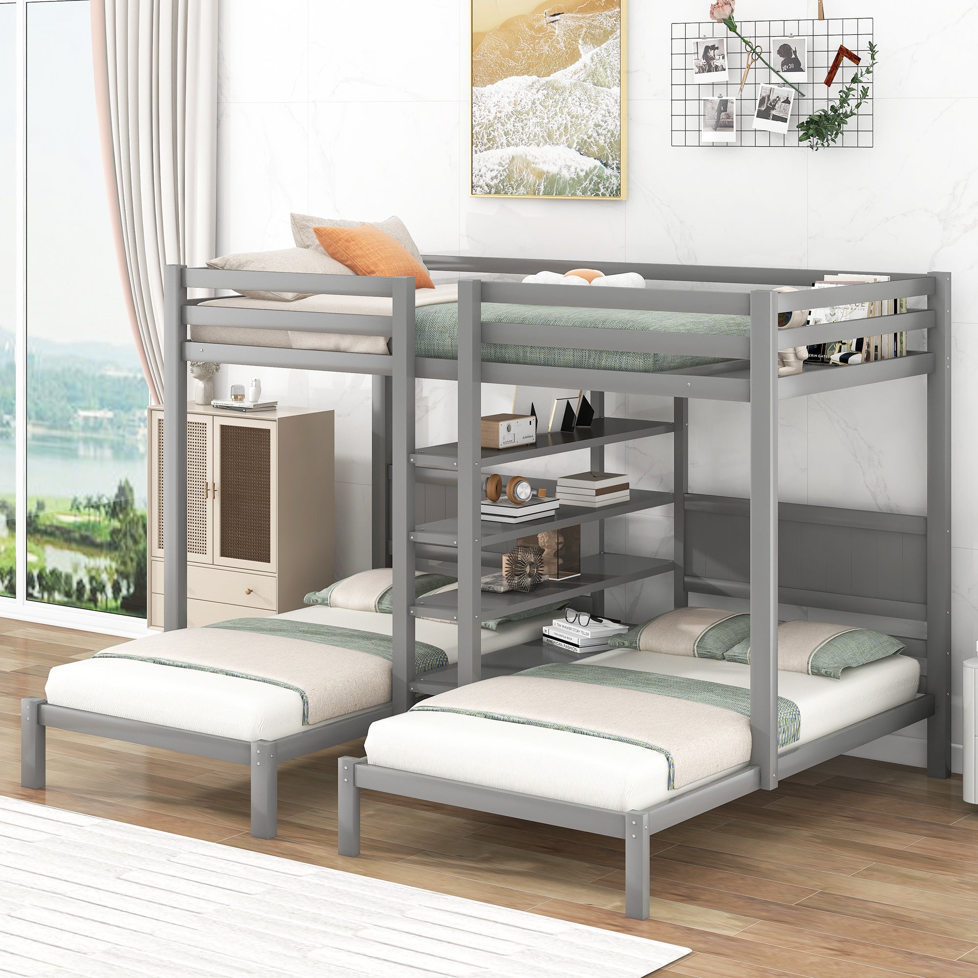 Twin XL over Twin&Twin Bunk Bed with Built-in Four Shelves and Ladder,Gray