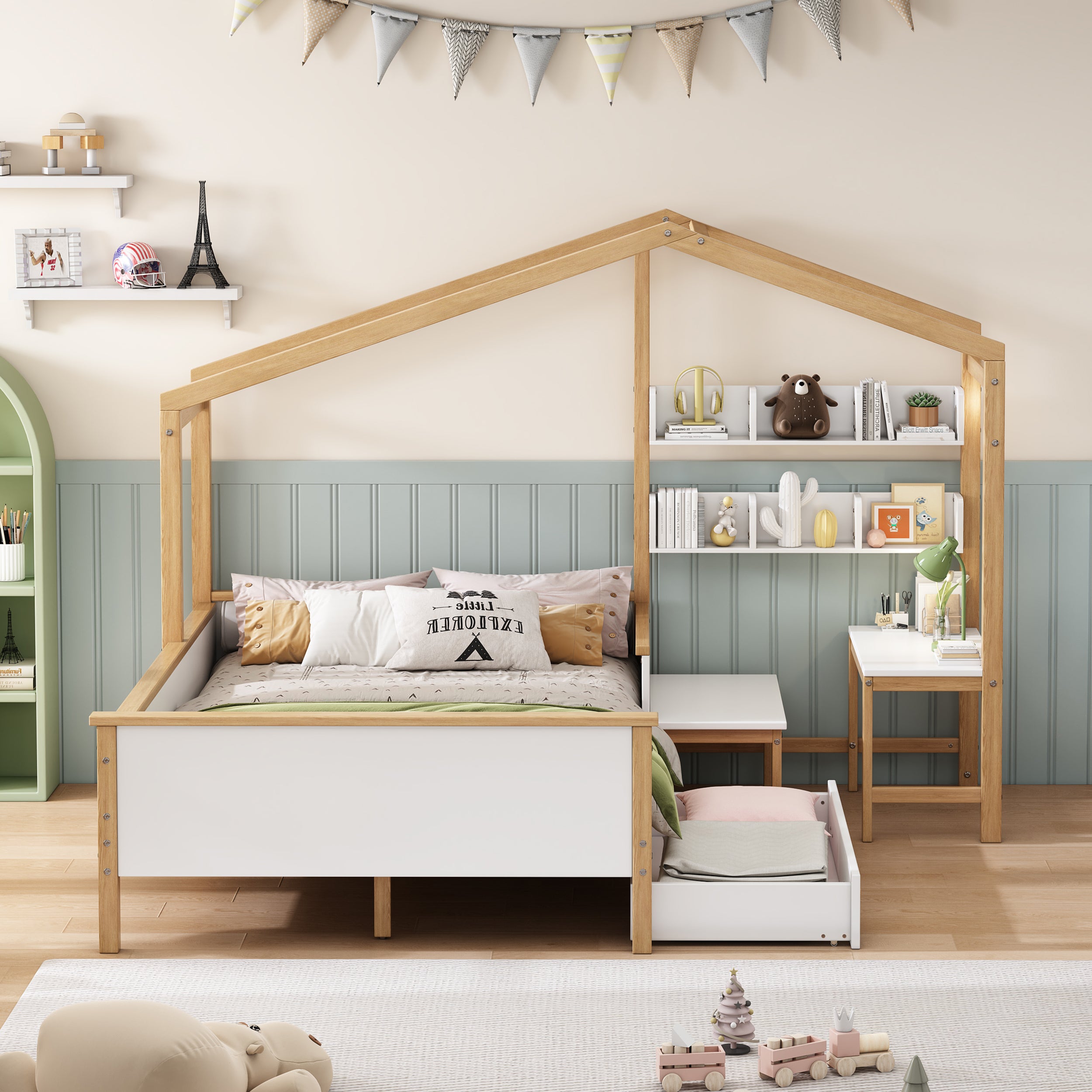 Full Size Wooden House Bed White and Original Wood Colored Frame with Drawer, Desk and Bookshelf for Children or Guest Room