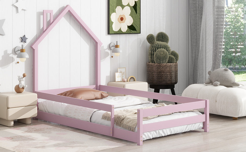 Twin Size Wood bed with House-shaped Headboard Floor bed with Fences,Pink