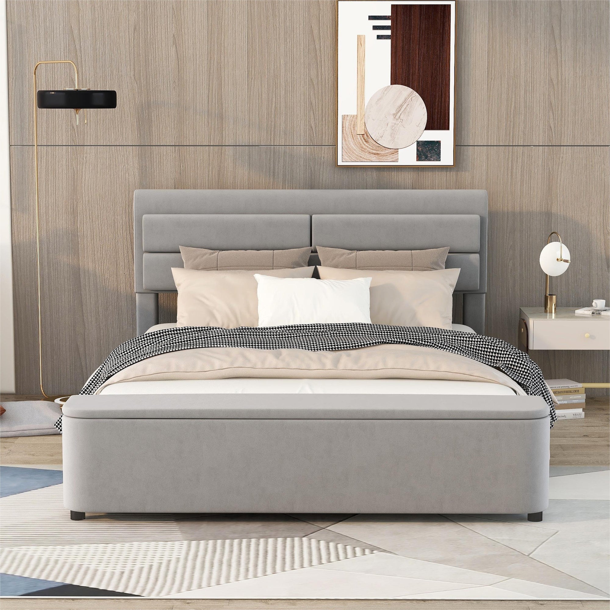 Queen Size Upholstery Platform Bed with Storage Headboard and Footboard,Support Legs,Grey