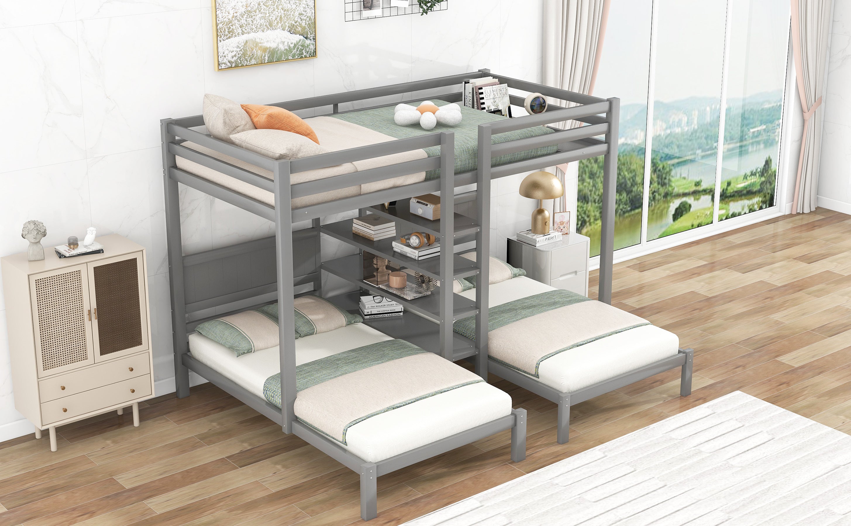 Twin XL over Twin&Twin Bunk Bed with Built-in Four Shelves and Ladder,Gray