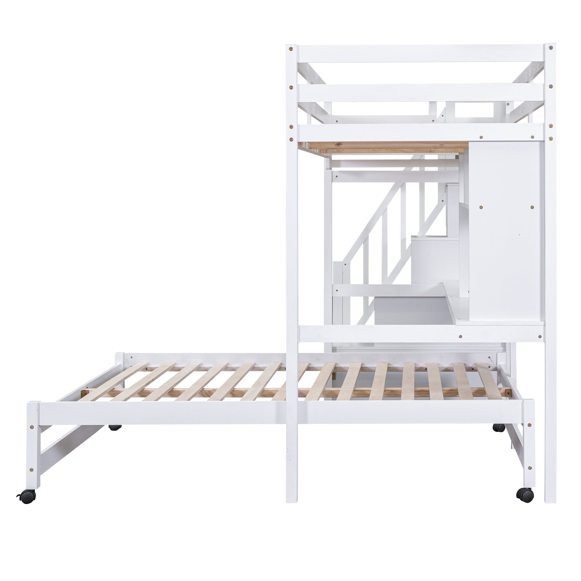 Twin over Full Bunk Bed with Storage Staircase, Desk, Shelves and Hanger for Clothes, White