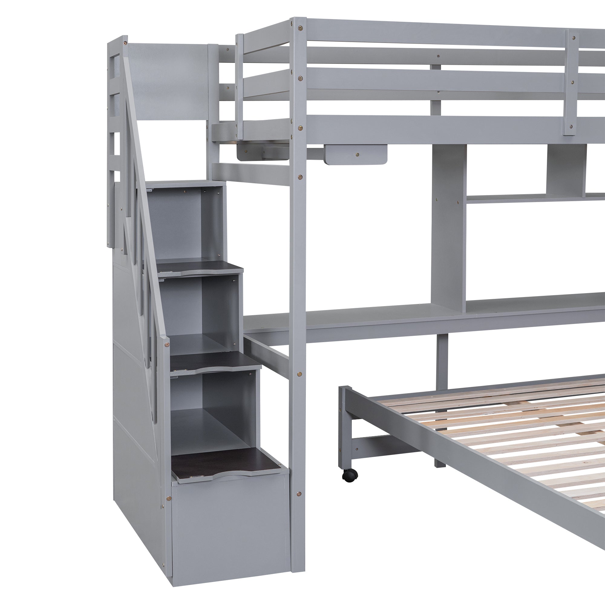 Twin over Full Bunk Bed with Storage Staircase, Desk, Shelves and Hanger for Clothes, Gray