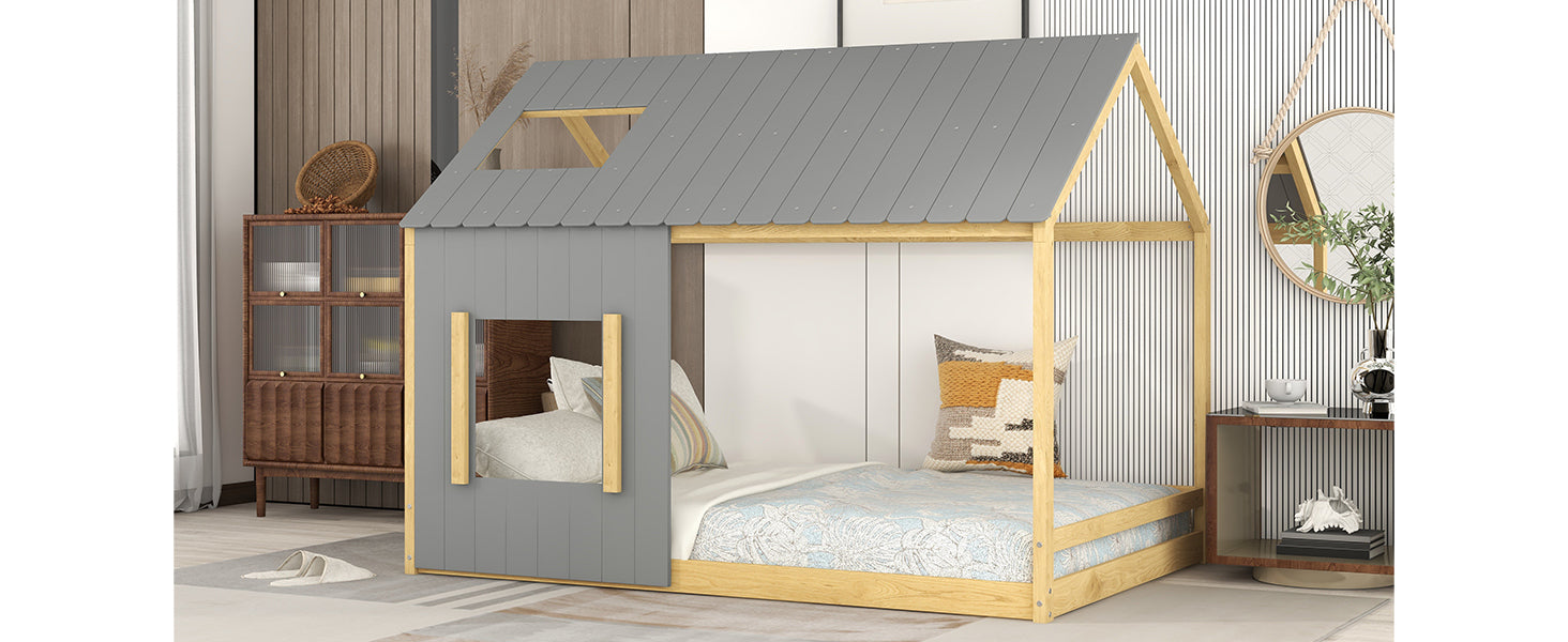 Full Size House Bed with Roof and Window - Gray+Natural