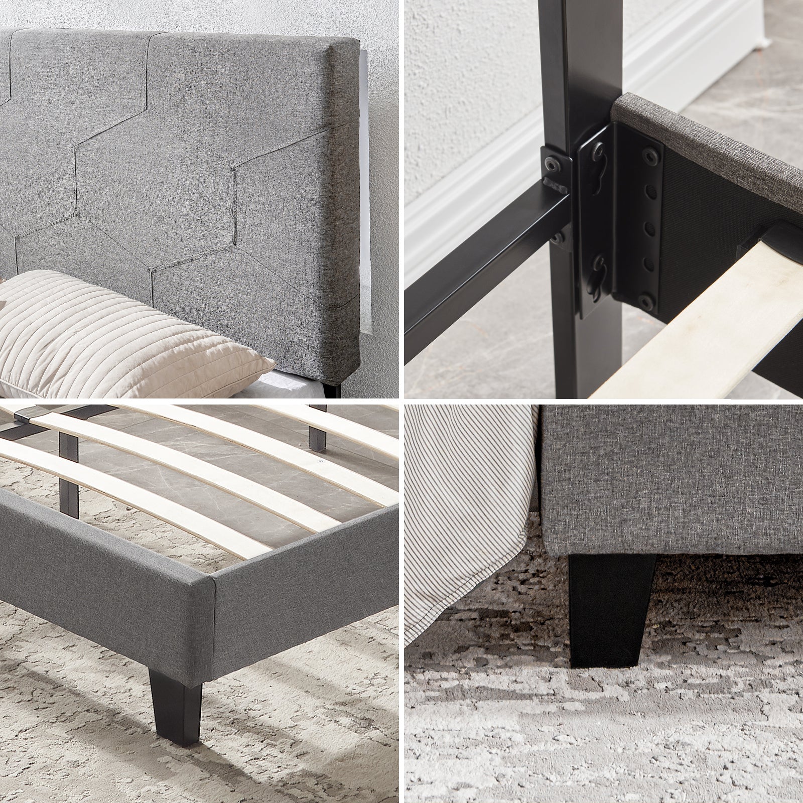 Queen Size Upholstered Platform Bed Frame ,Wood Slat Support, Easy Assembly,Grey