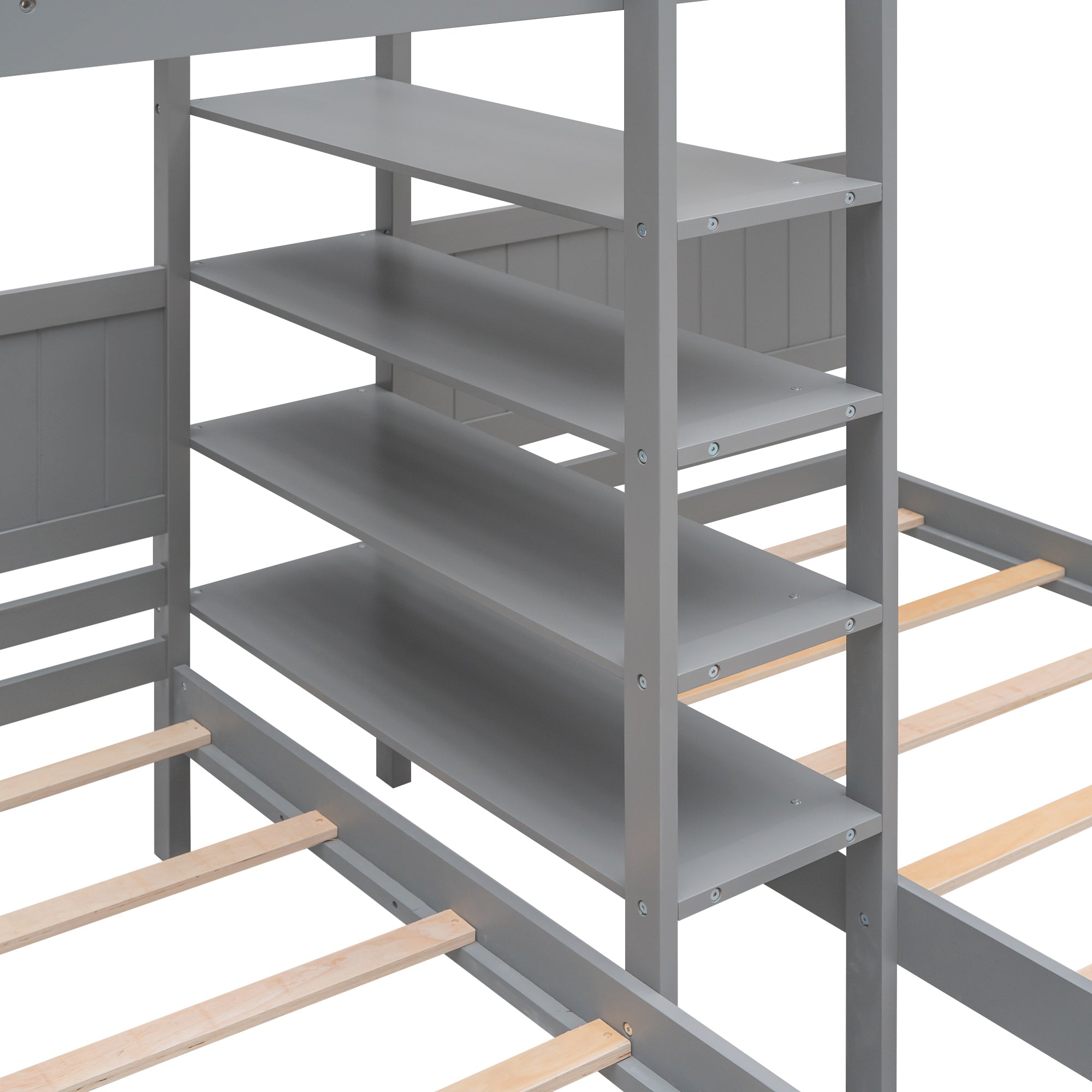 Twin XL over Twin&Twin Bunk Bed with Built-in Four Shelves and Ladder,Gray