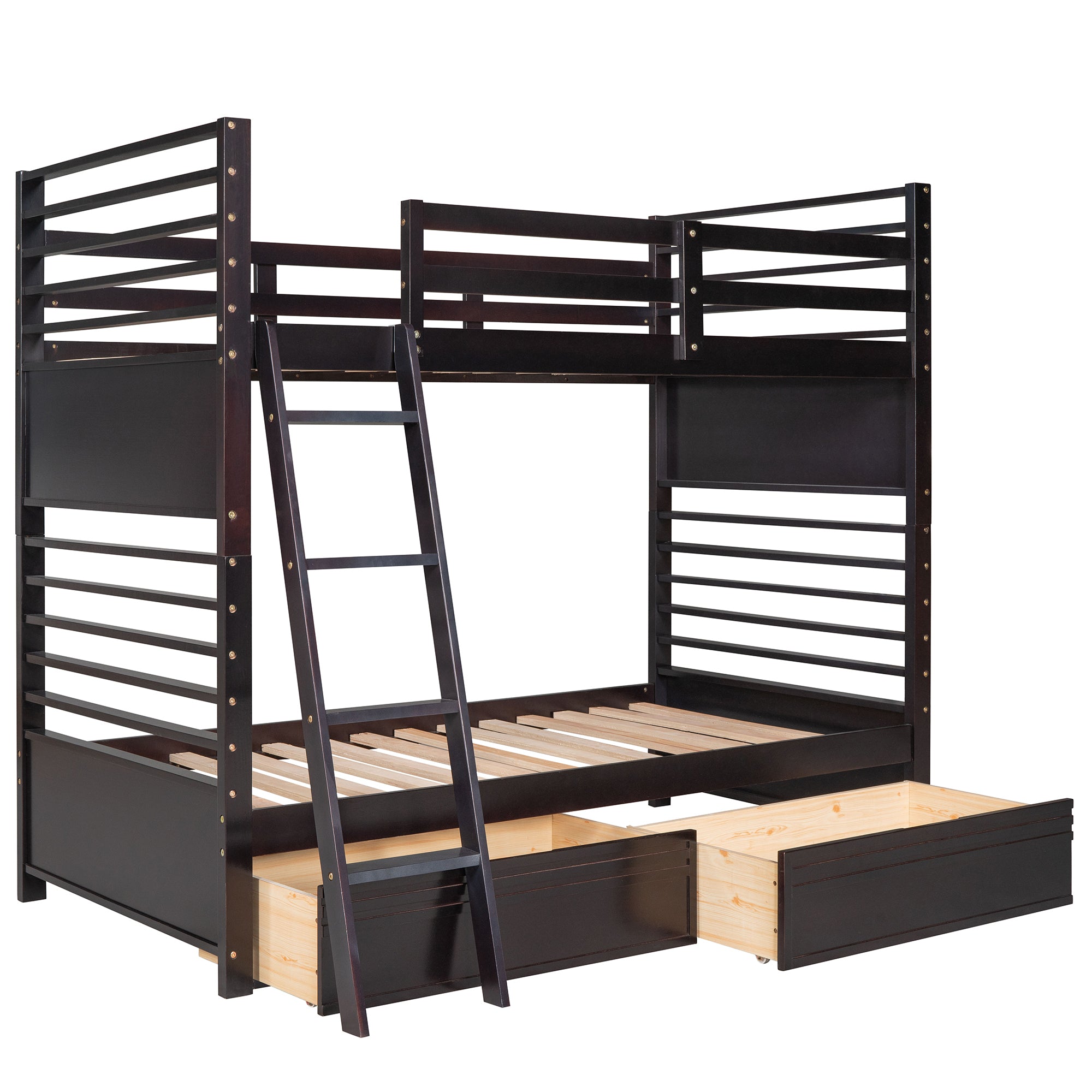 Twin over Twin Wood Bunk Bed with Two Drawers - Espresso·