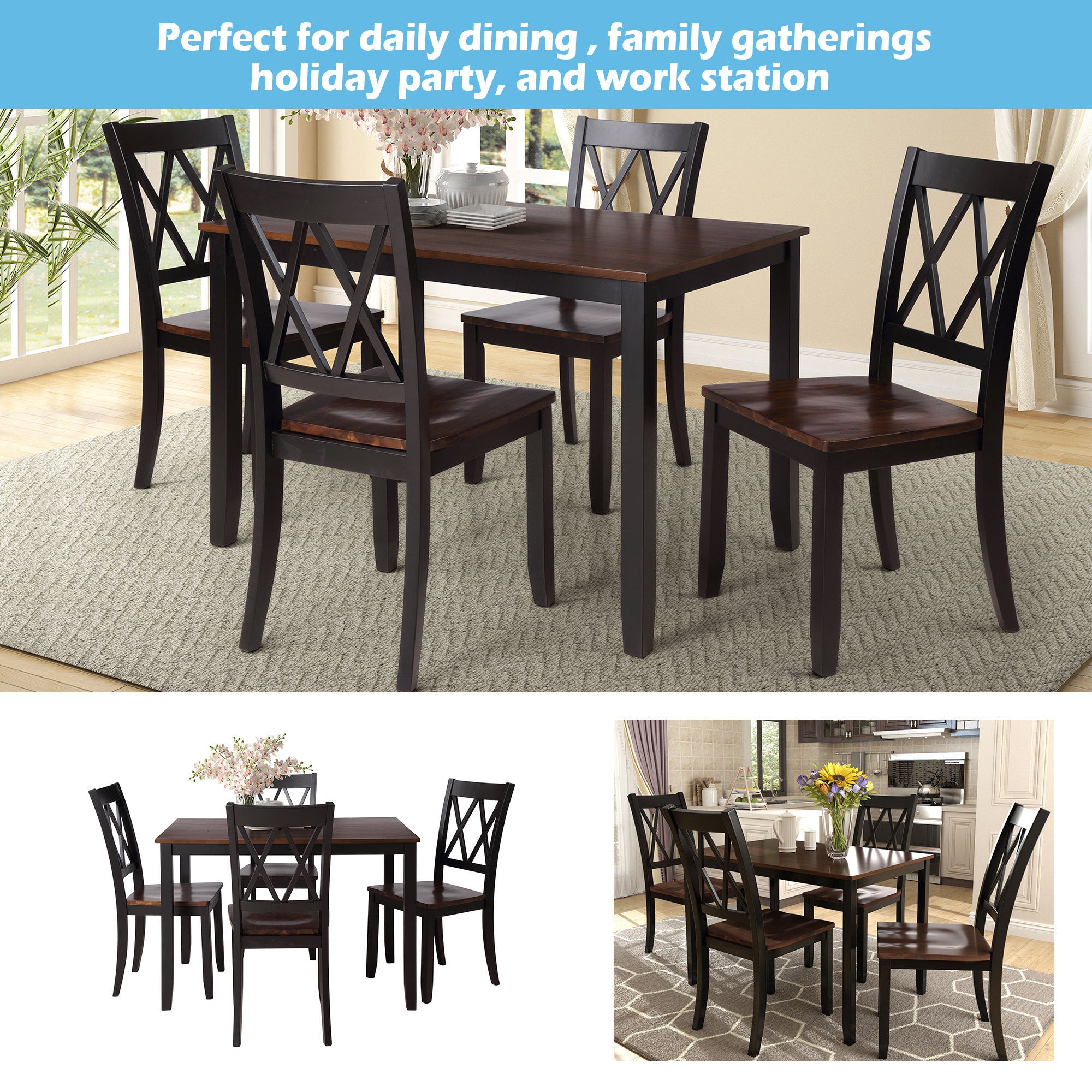 TOPMAX 5-Piece Dining Table Set Home Kitchen Table and Chairs Wood Dining Set (Black+Cherry)