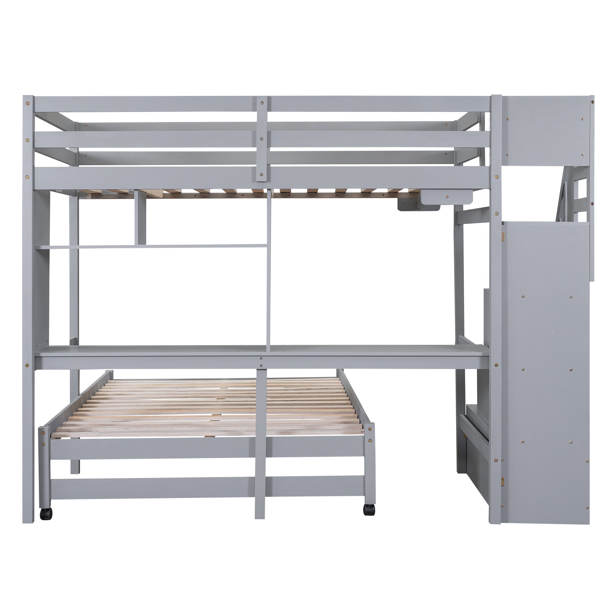 Twin over Full Bunk Bed with Storage Staircase, Desk, Shelves and Hanger for Clothes, Gray