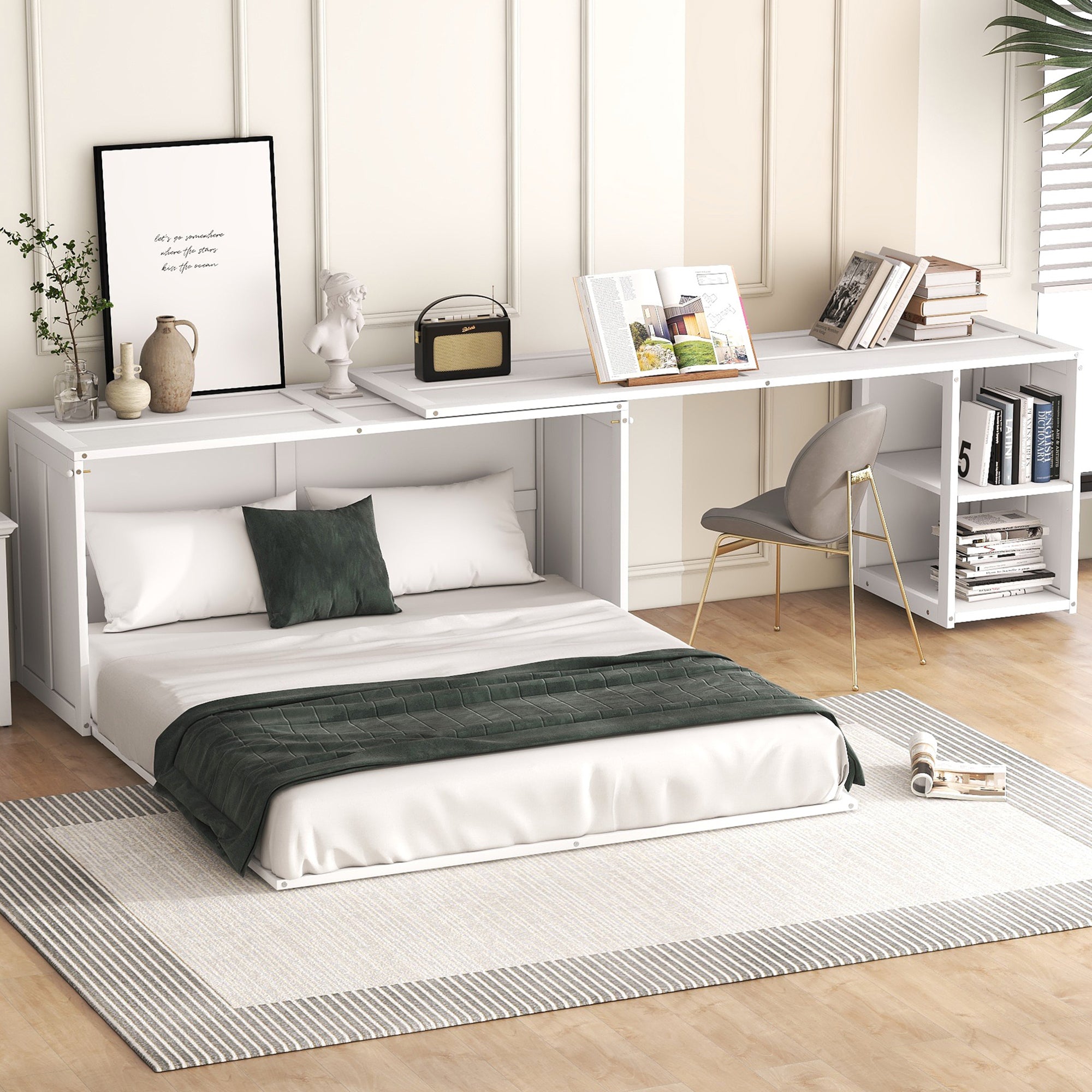 Queen Size Murphy Bed with Rotable Desk, White