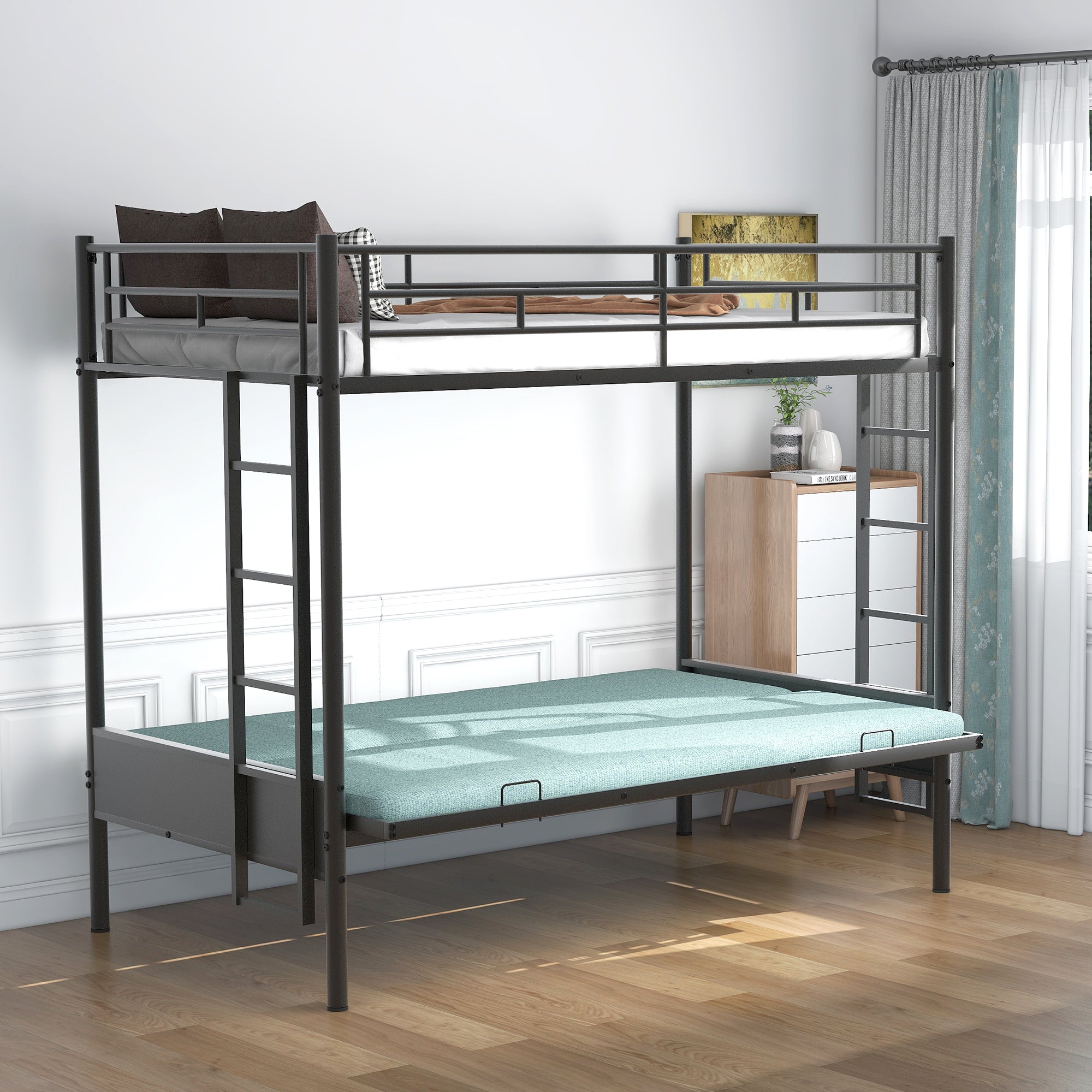 Twin over Full Metal Bunk Bed, Multi-Function,Black(OLD SKU:MF193079AAB)