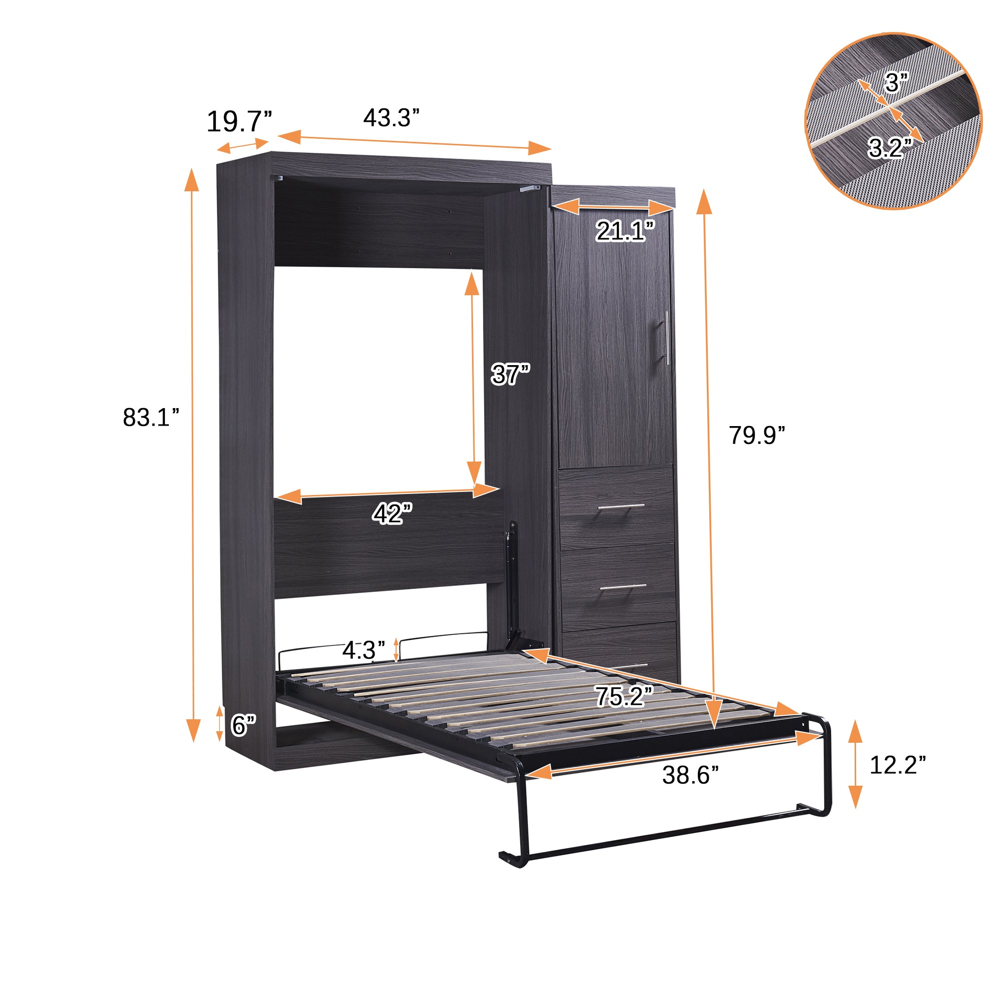 Twin Size Murphy Bed with Wardrobe and Drawers, Storage Bed, can be Folded into a Cabinet, Gray