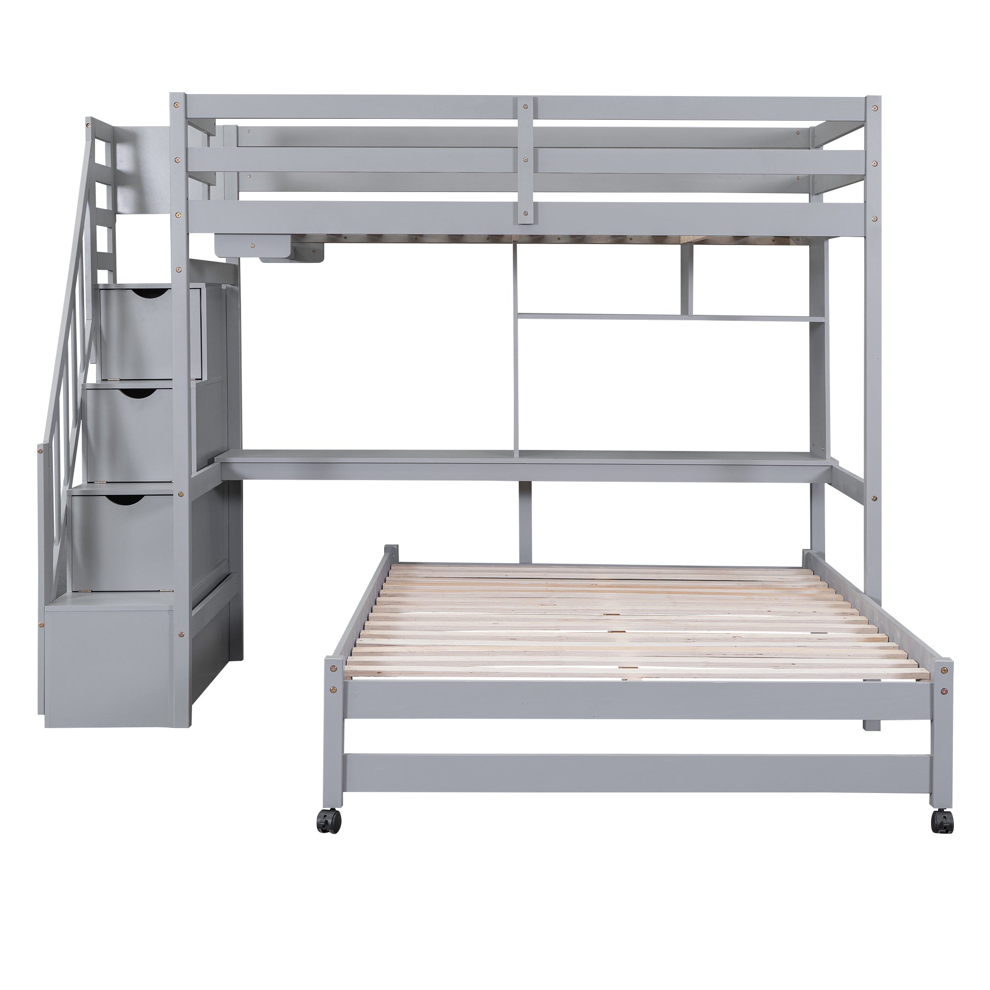 Twin over Full Bunk Bed with Storage Staircase, Desk, Shelves and Hanger for Clothes, Gray