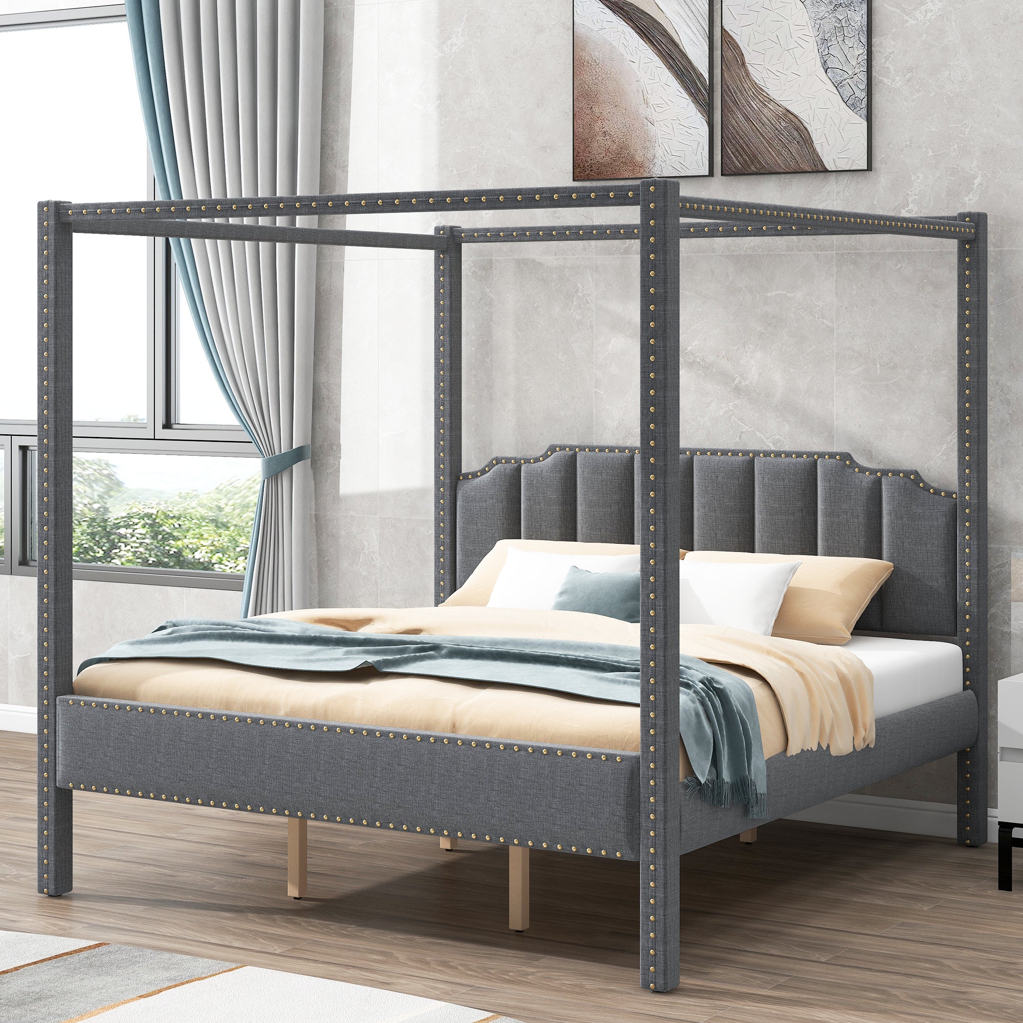 King Size Upholstery Canopy Platform Bed with Headboard,Support Legs,Gray