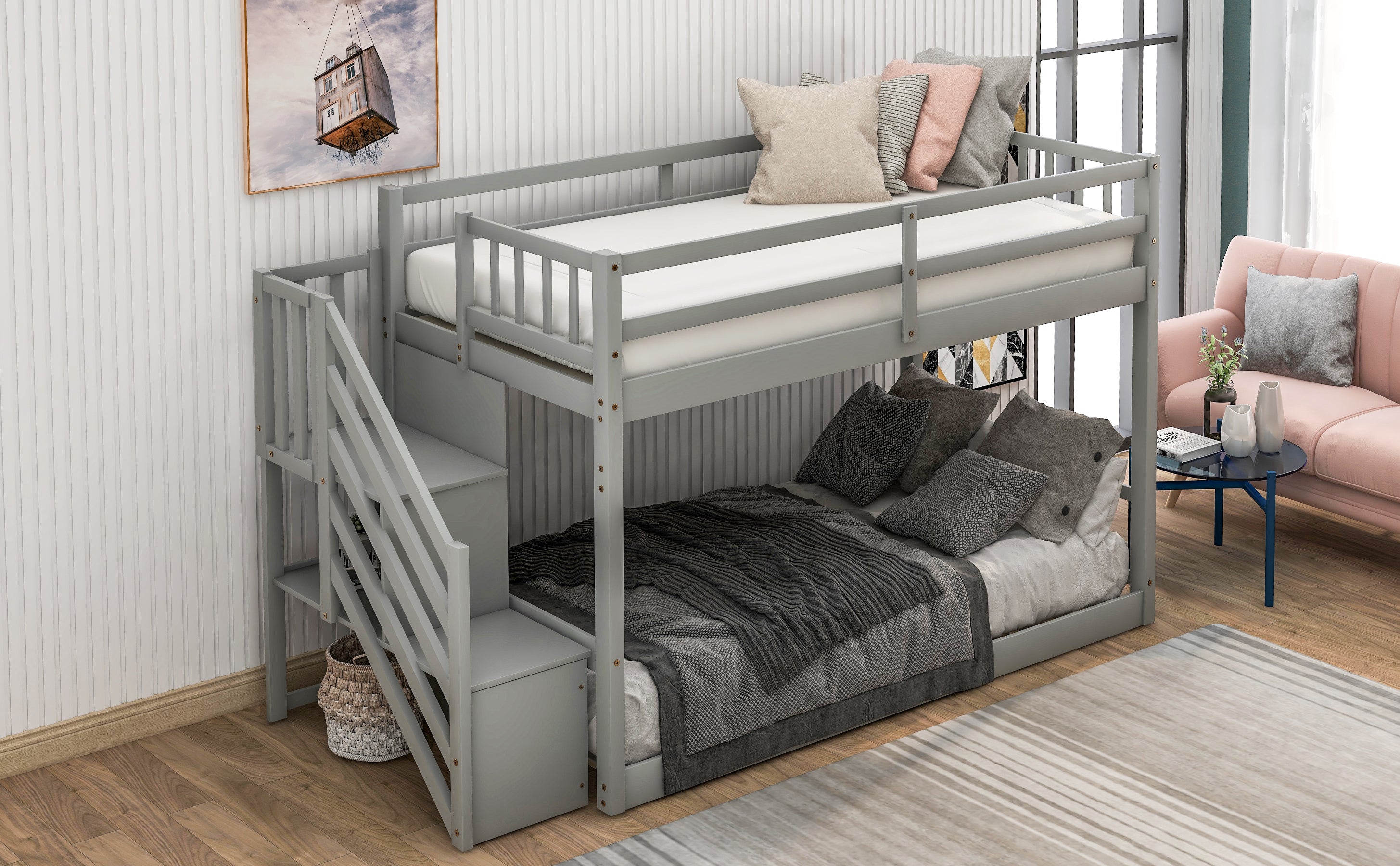 Twin over Twin Floor Bunk Bed, Ladder with Storage, Gray