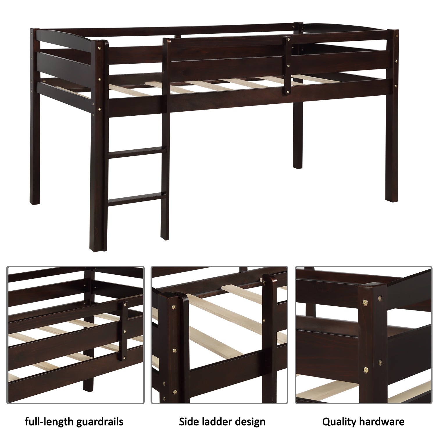 Twin Wood Loft Bed Low Loft Beds with Ladder,Twin,Espresso(OLD SKU :WF192082AAP)