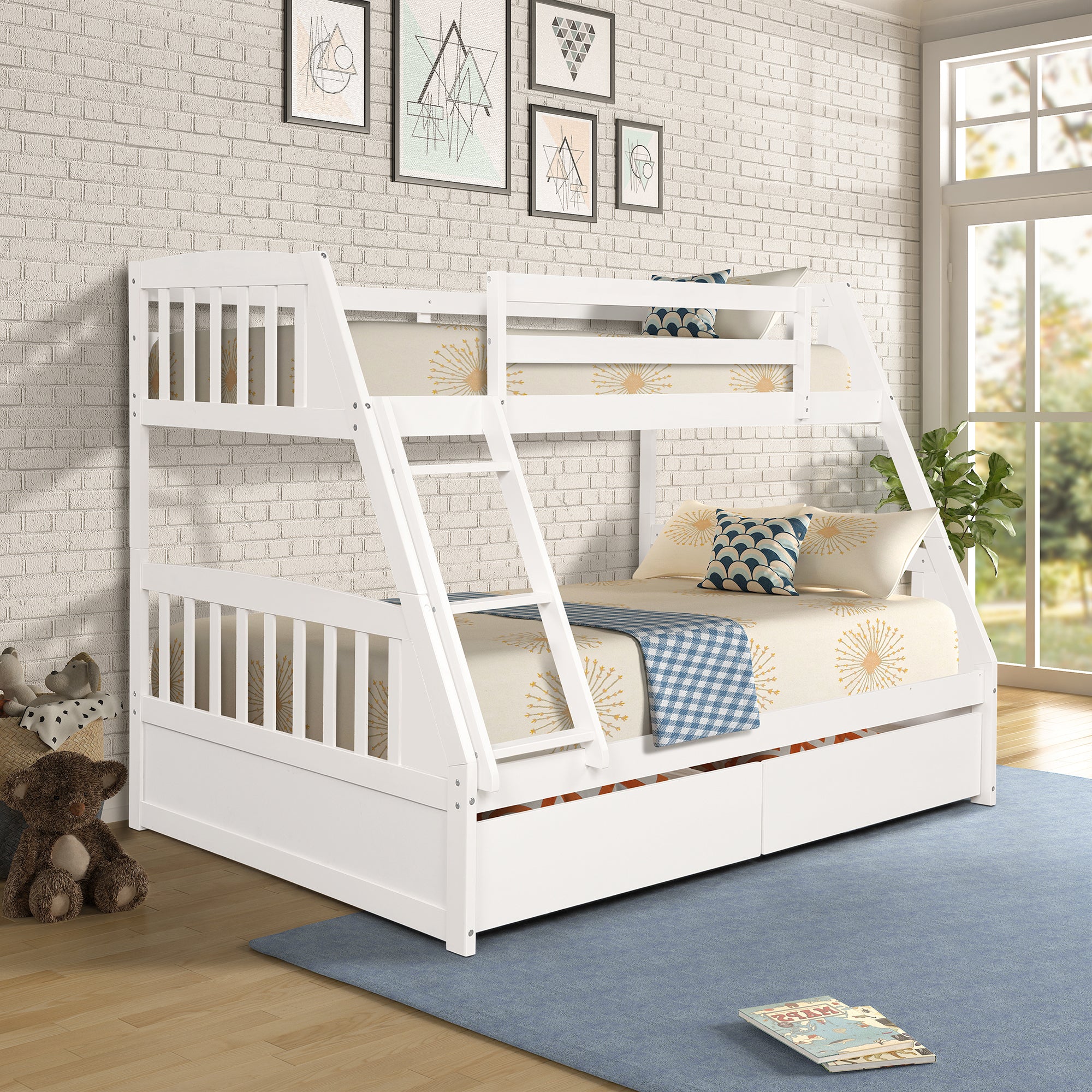 TOPMAX Solid Wood Twin Over Full Bunk Bed with Two Storage Drawers, White