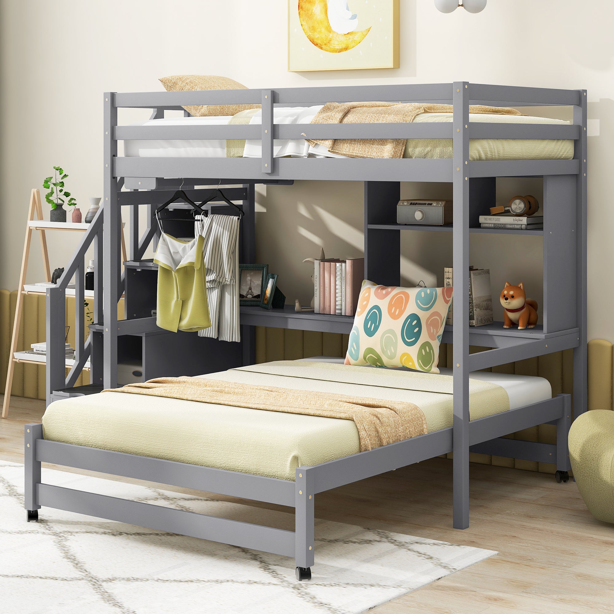 Twin over Full Bunk Bed with Storage Staircase, Desk, Shelves and Hanger for Clothes, Gray