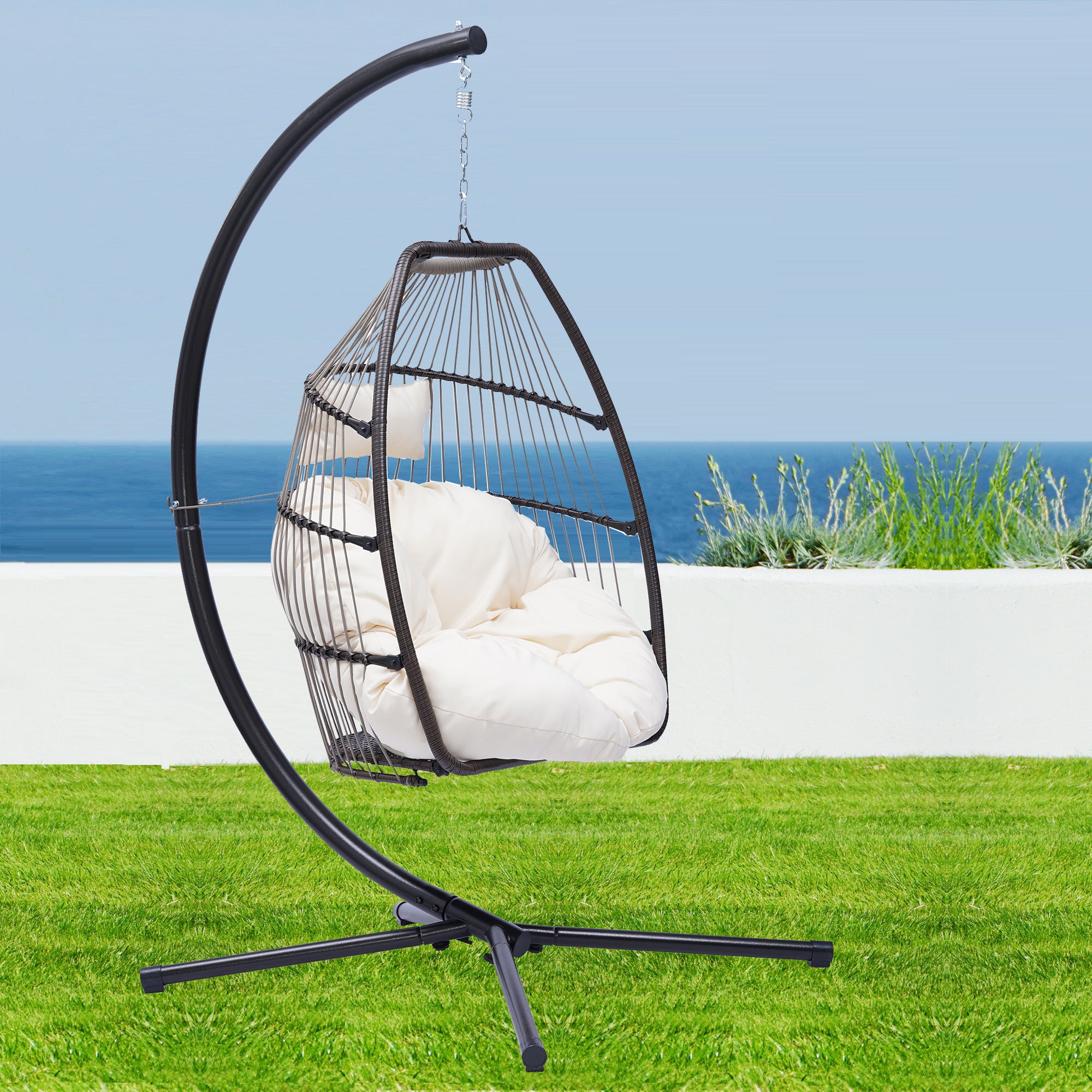 Outdoor Patio Wicker Folding Hanging Chair,Rattan Swing Hammock Egg Chair With C Type Bracket , With Cushion And Pillow