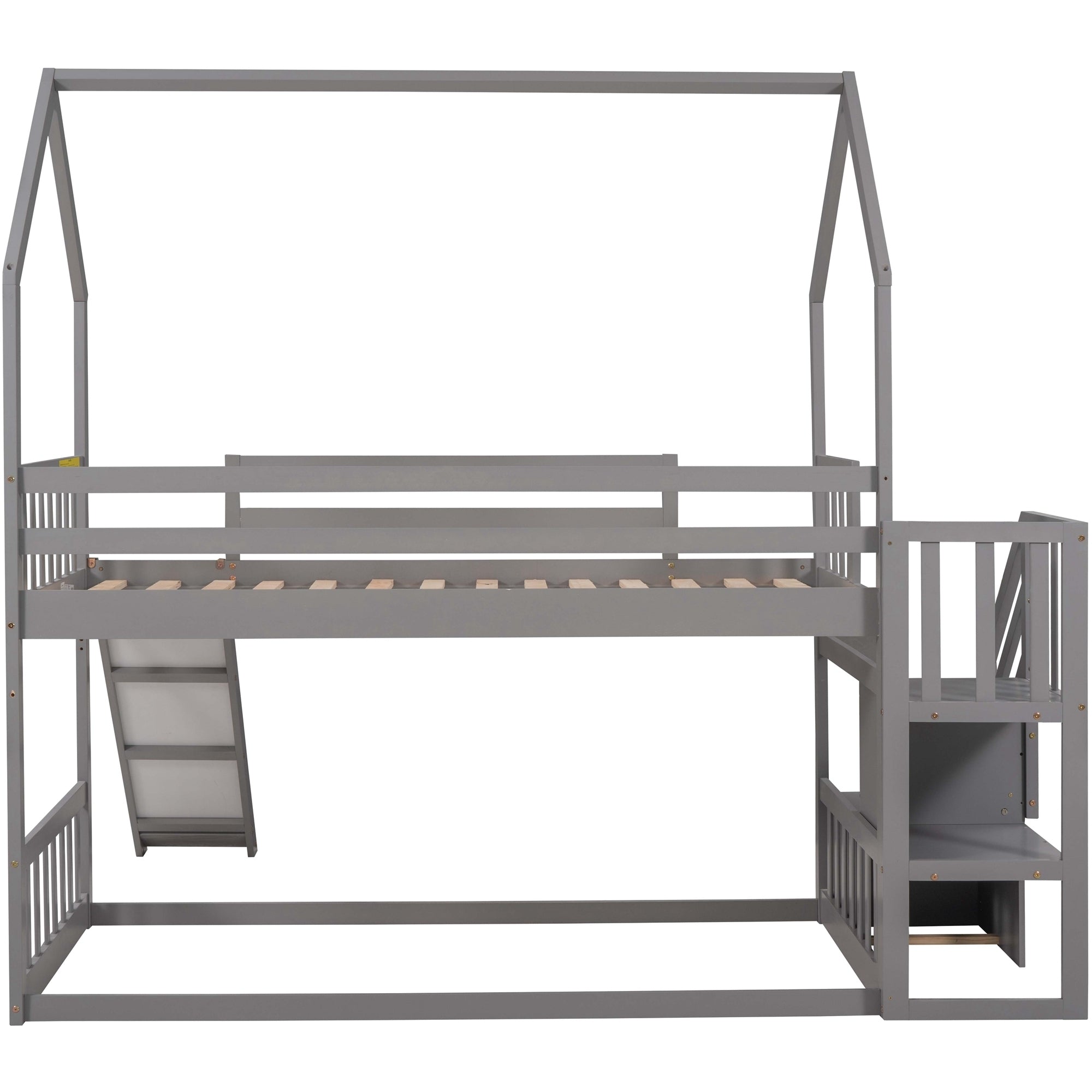 Twin over Twin House Bunk Bed with Convertible Slide,Storage Staircase can be Placed Left or Right,Gray