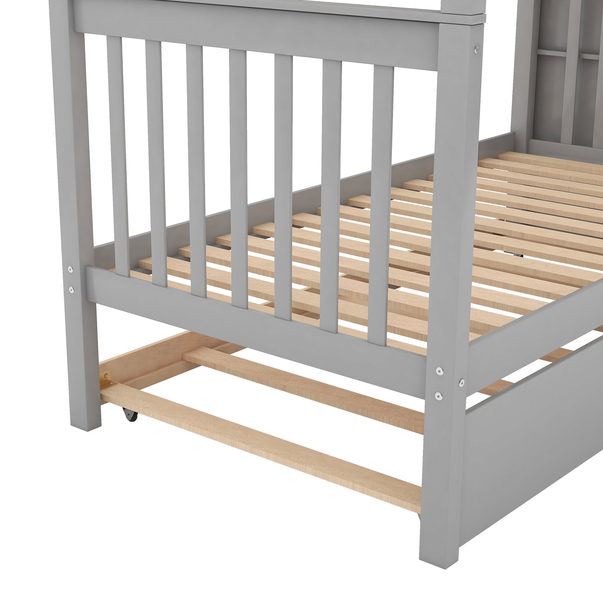 Twin over Twin Bunk Bed with Trundle and Storage, Gray