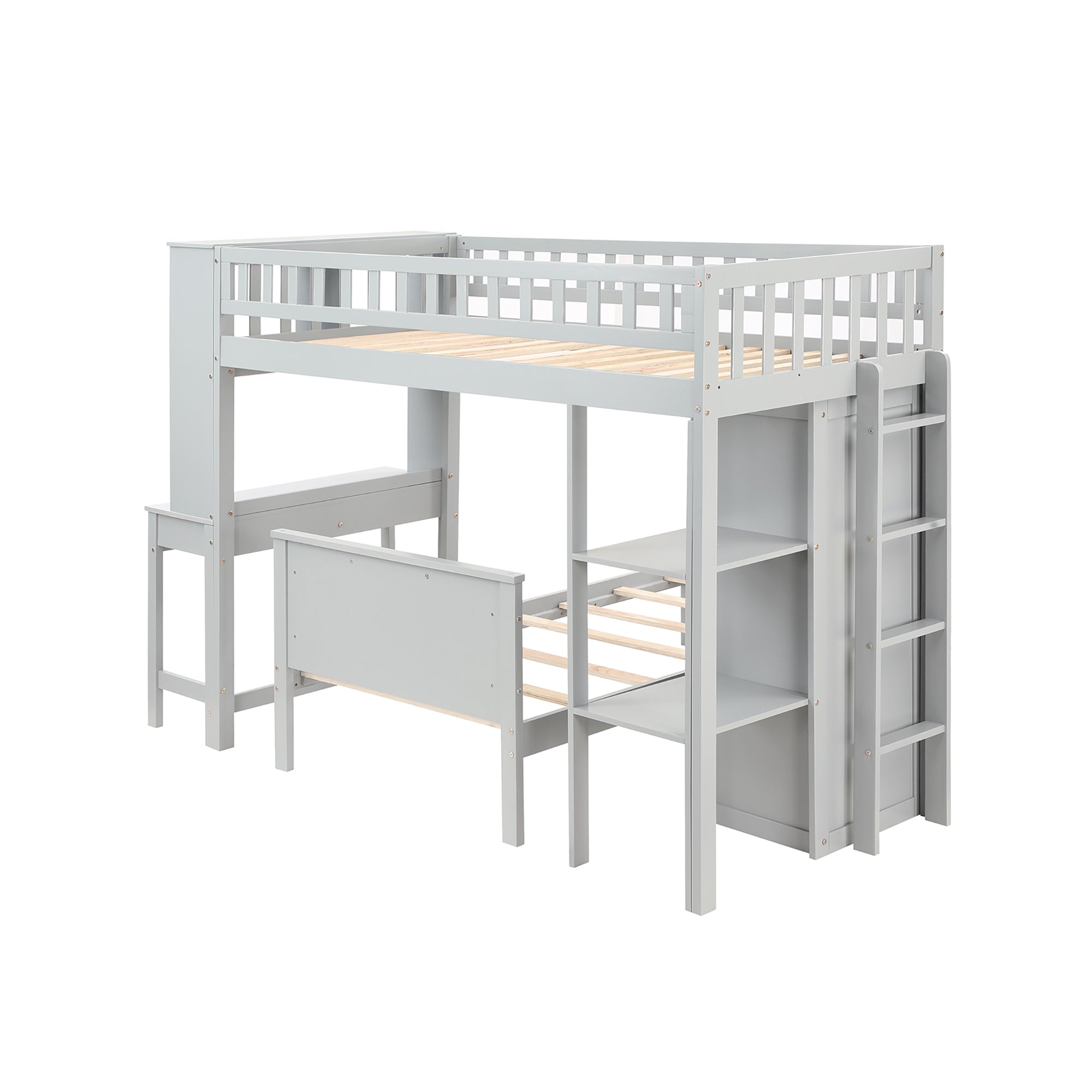 Twin Size Loft Bed with Closet and Desk, Extra Bottom Twin Bed, Grey