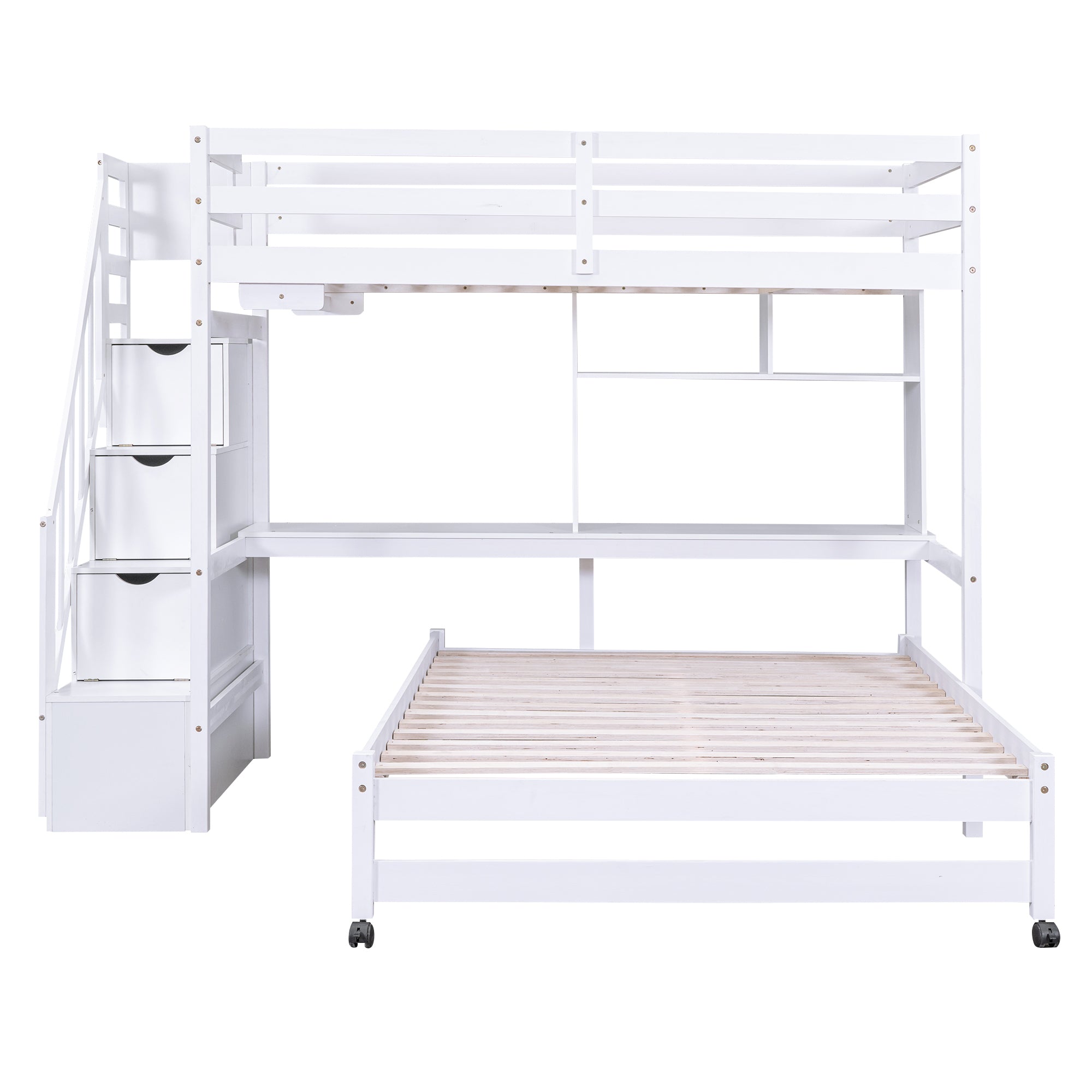 Twin over Full Bunk Bed with Storage Staircase, Desk, Shelves and Hanger for Clothes, White