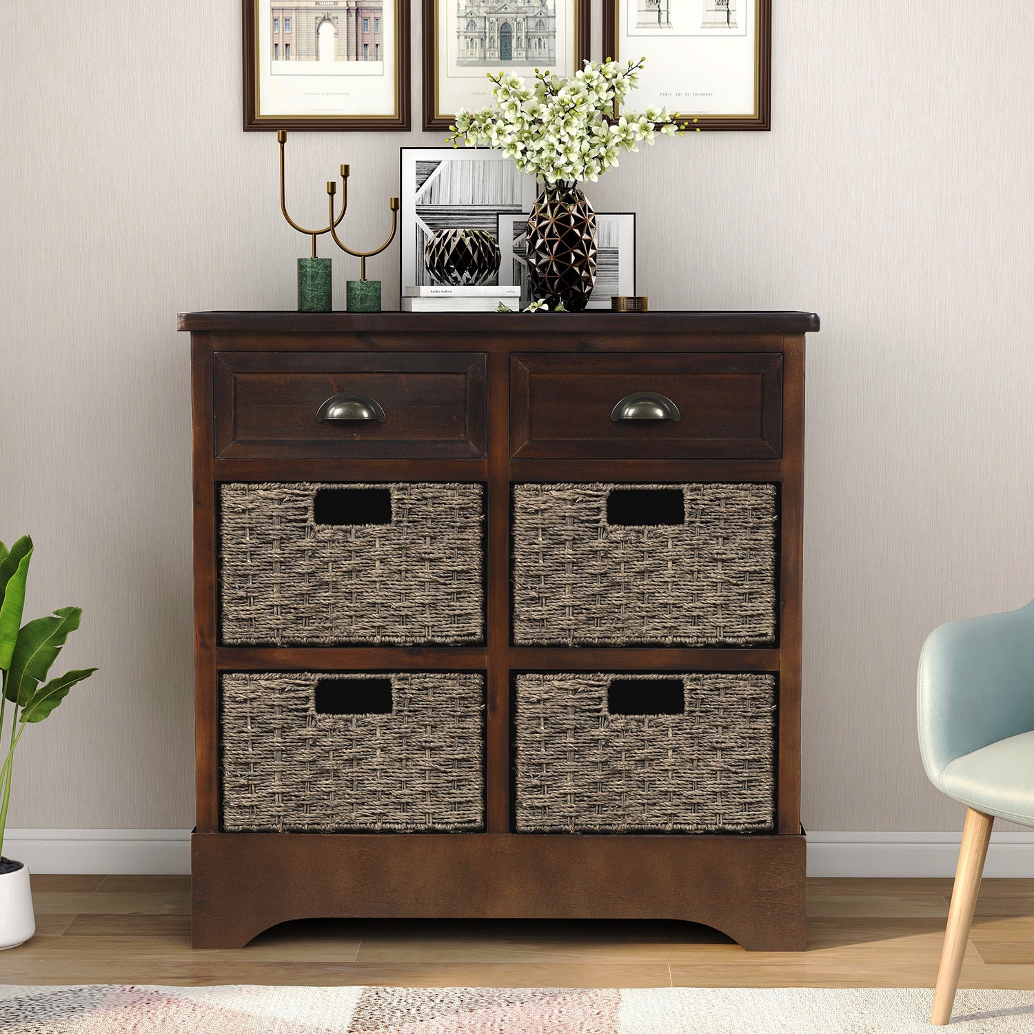 TREXM Rustic Storage Cabinet with Two Drawers and Four Classic Rattan Basket for Dining Room/Living Room (Espresso)