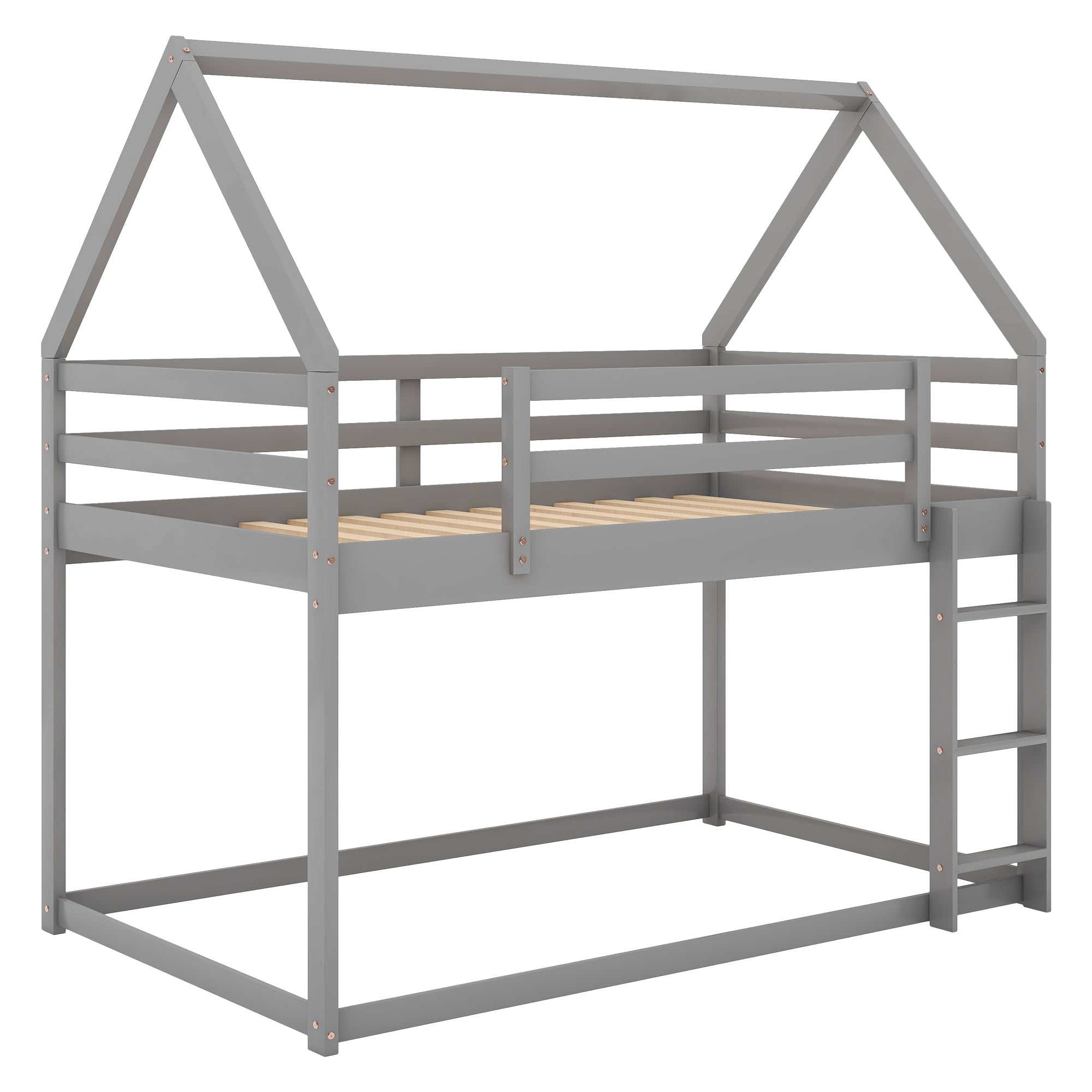 Twin over Twin Low Bunk Bed, House Bed with Ladder , Gray(OLD SKU:WF197808AAE)