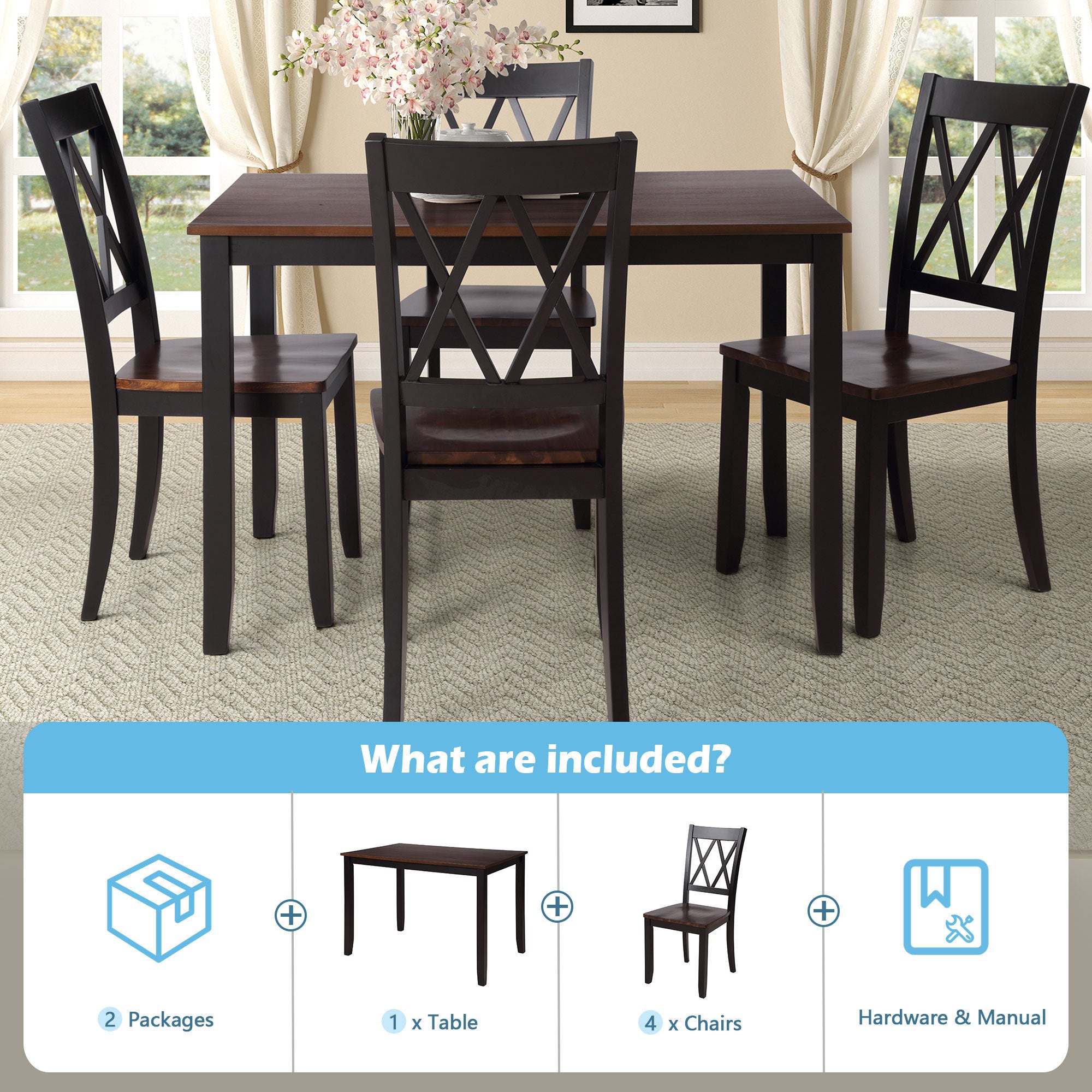 TOPMAX 5-Piece Dining Table Set Home Kitchen Table and Chairs Wood Dining Set (Black+Cherry)