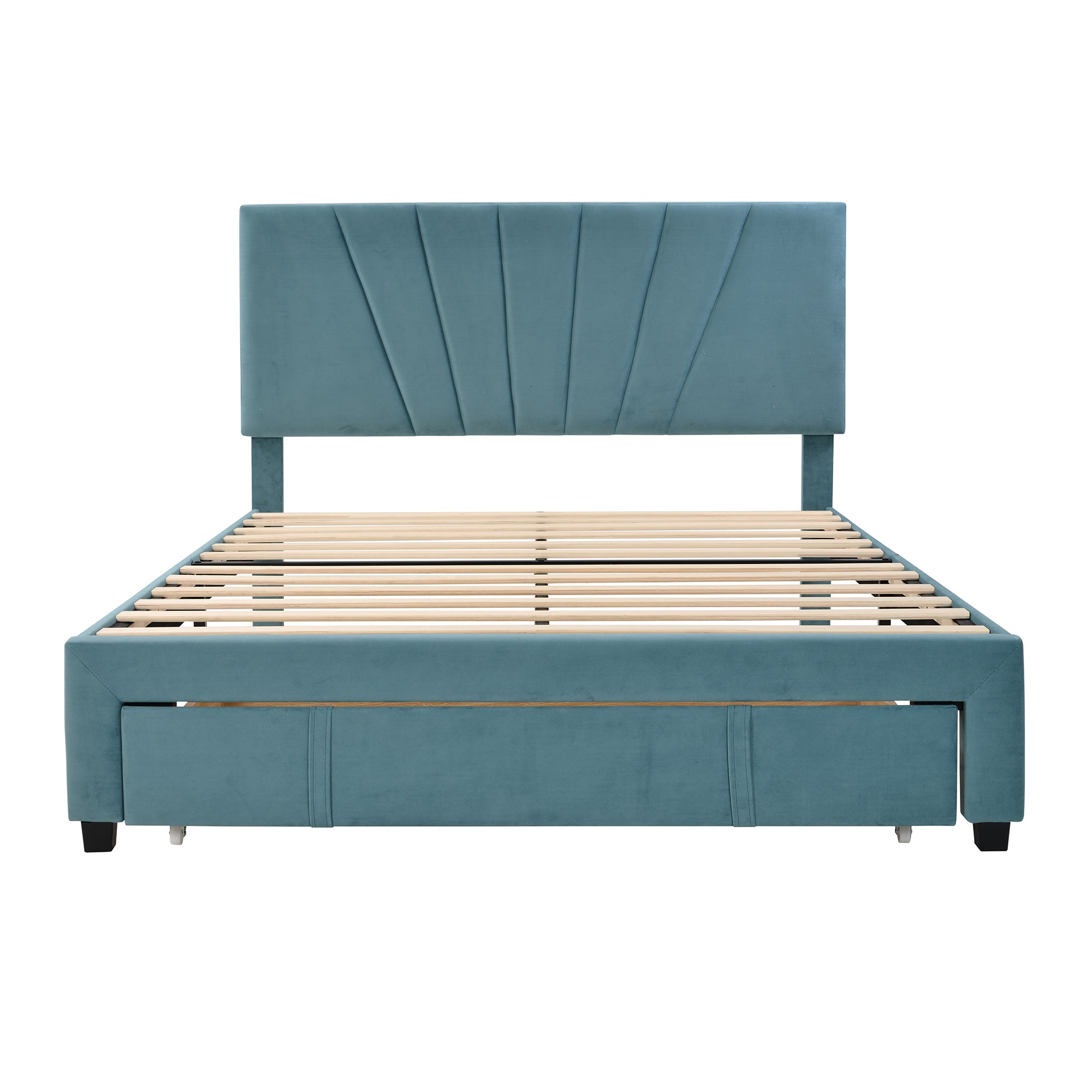 Queen Size Storage Bed Velvet Upholstered Platform Bed with a Big Drawer - Blue