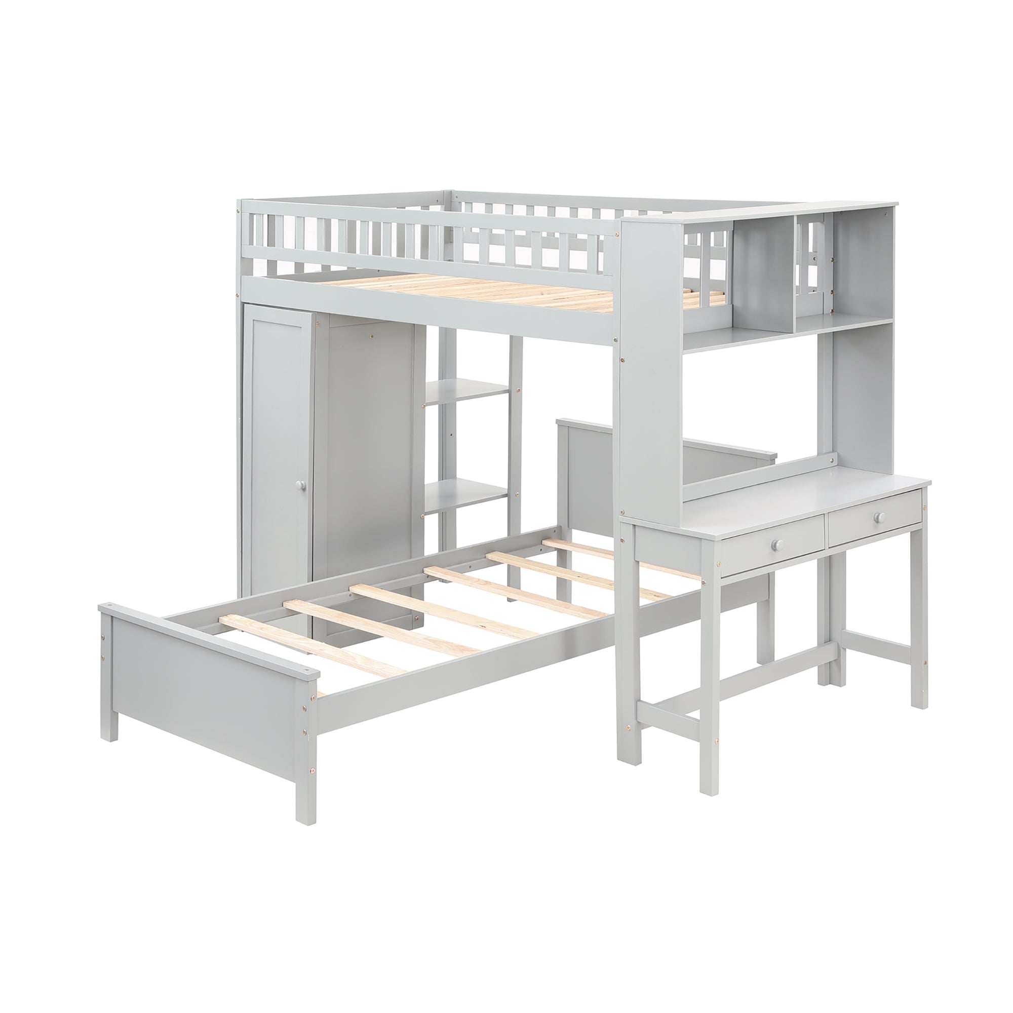 Twin Size Loft Bed with Closet and Desk, Extra Bottom Twin Bed, Grey