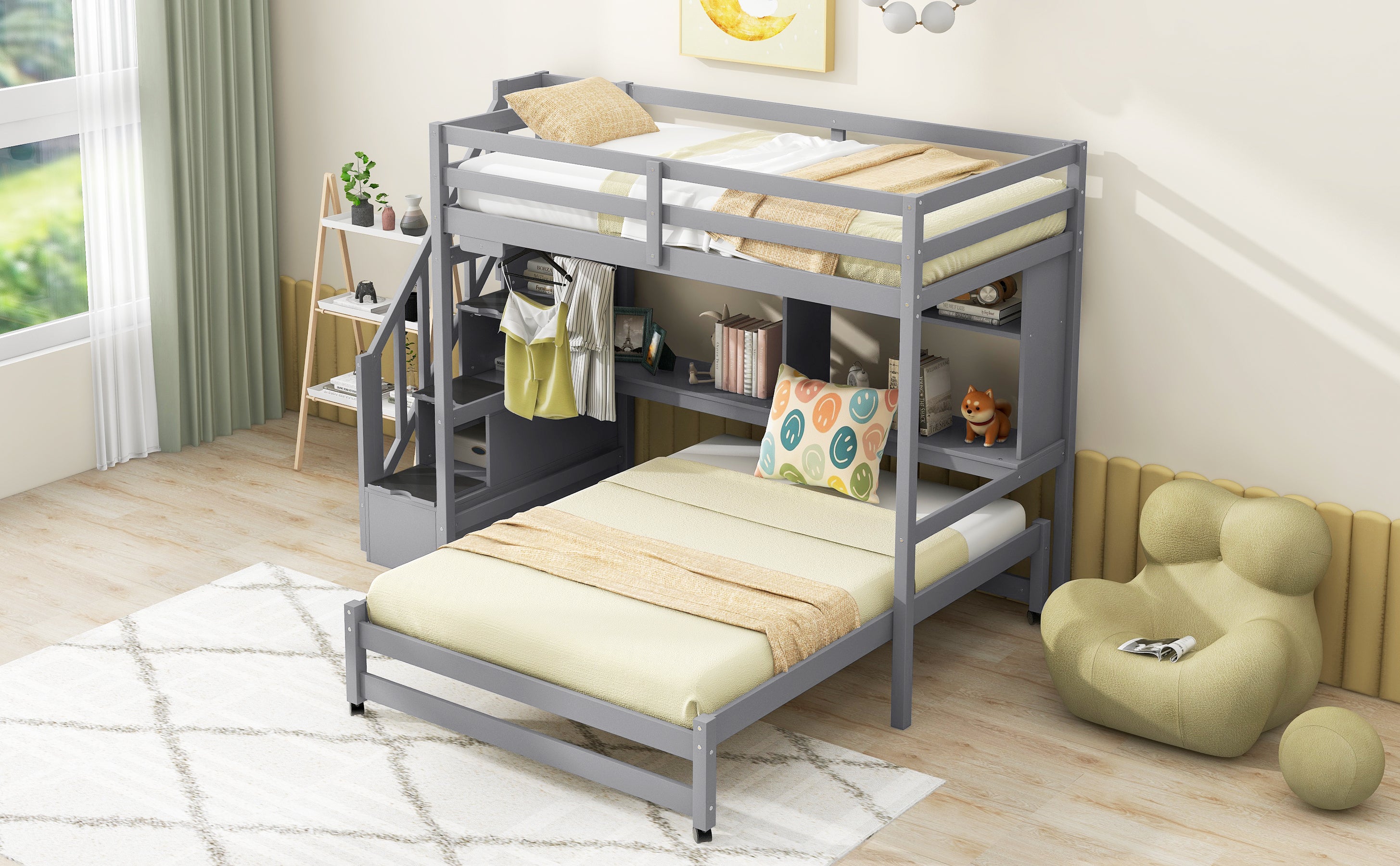 Twin over Full Bunk Bed with Storage Staircase, Desk, Shelves and Hanger for Clothes, Gray