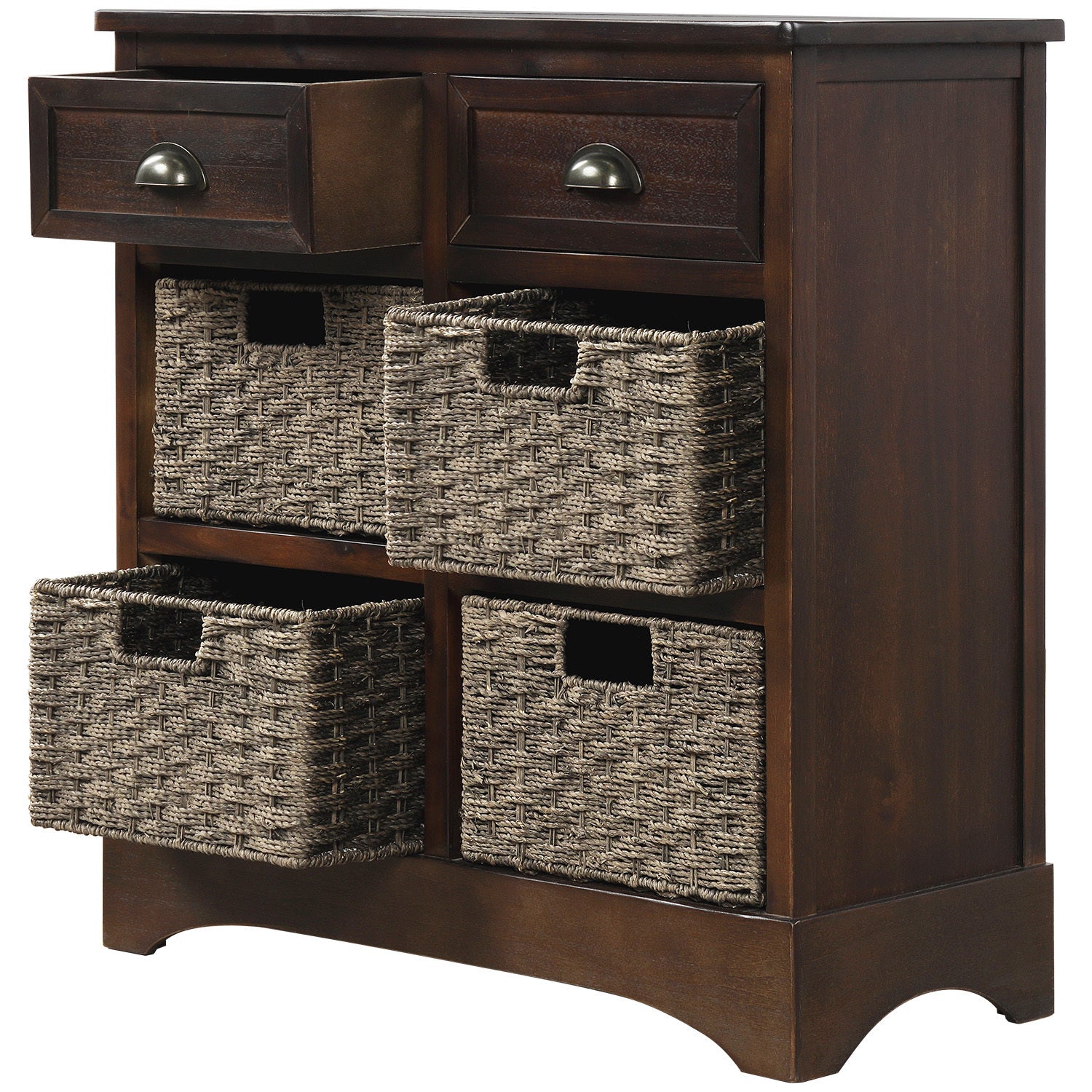 TREXM Rustic Storage Cabinet with Two Drawers and Four Classic Rattan Basket for Dining Room/Living Room (Espresso)